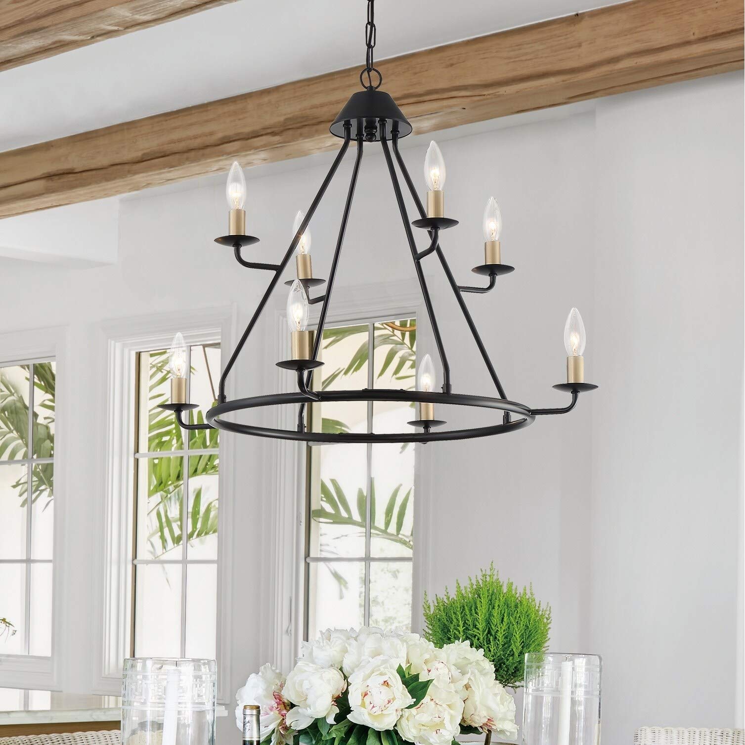 Modern Farmhouse Style 8-Light Wagon Wheel Chandelier - Black Metal Dimmable Ceiling Light Fixture for Living Room, Dining Room & Bedroom