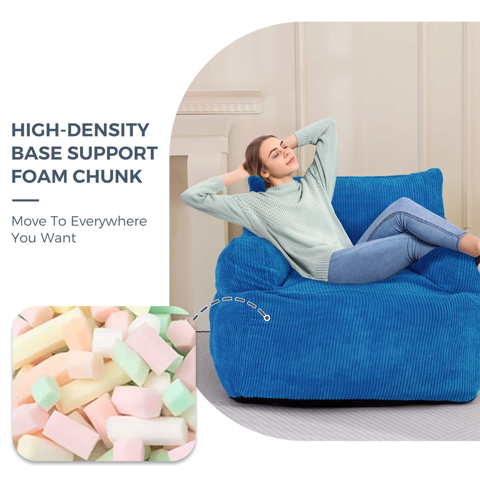MAXYOYO Giant Bean Bag Chair with Armrests - Oversized Stuffed Bean Bag Couch for Living Room, Bedroom & Game Room - Soft Blue Lounge Chair for Teens & Adults - Perfect for Relaxing, Reading & Movie Nights