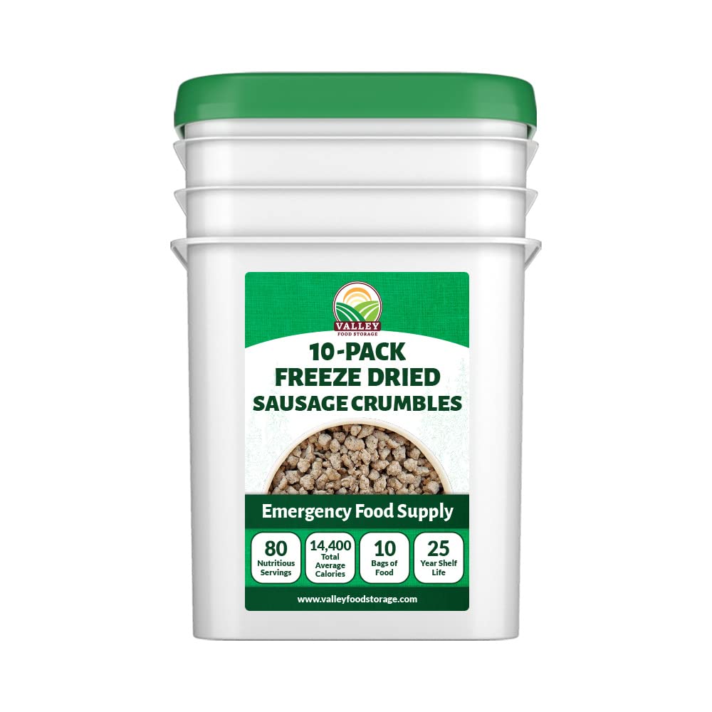 Freeze Dried Sausage Crumbles 10-Bag Bucket, 85 Oz | Premium Emergency Food Supply with 25 Year Shelf Life | Survival Food for Camping, Hiking & Disaster Preparedness | Prepper Supplies & Off Grid Living Essentials | USA Made by Valley Food Storage