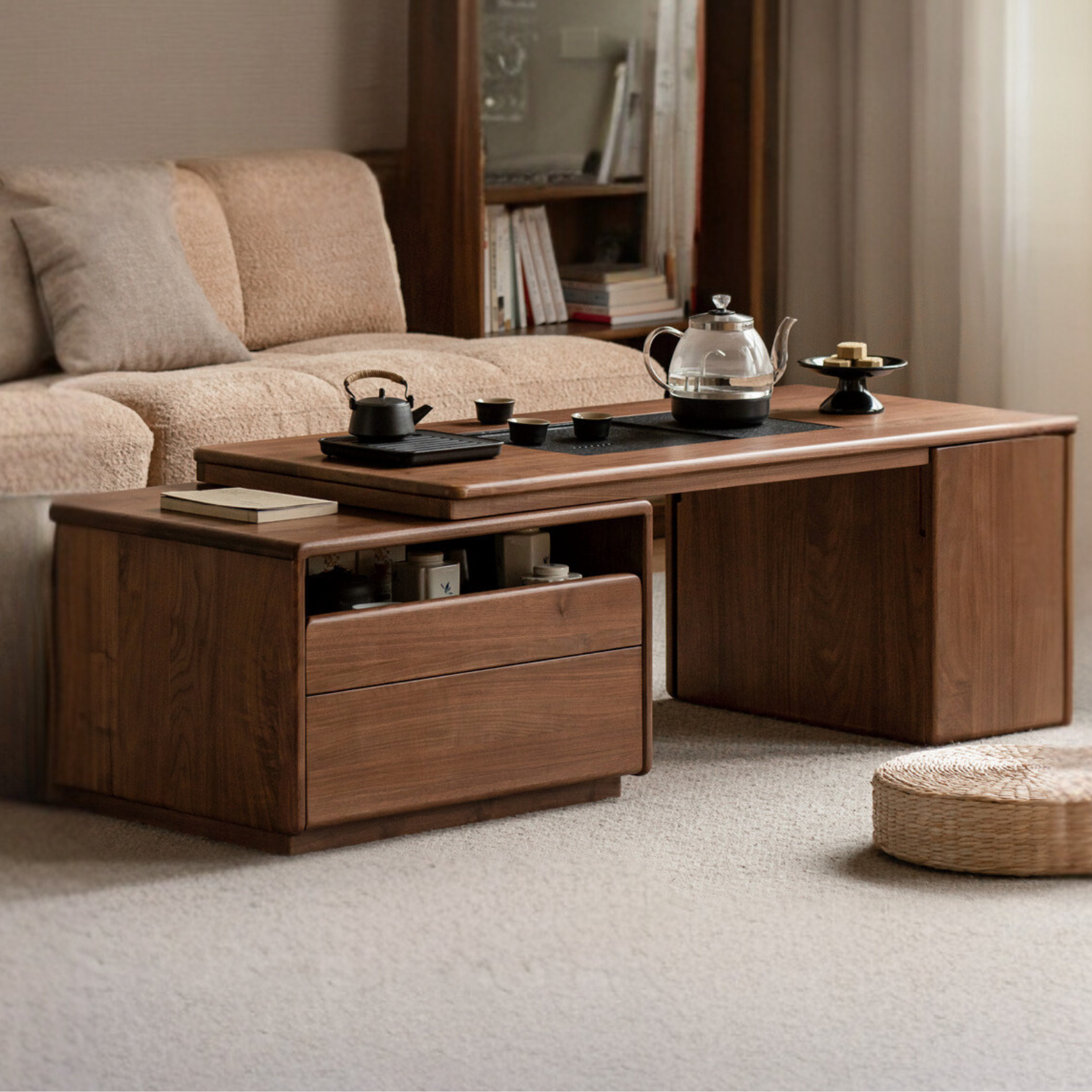 Premium Black Walnut Solid Wood Extendable Coffee Table - Expandable Dining Table for Small Spaces, Living Room Furniture for Home Office & Modern Apartments