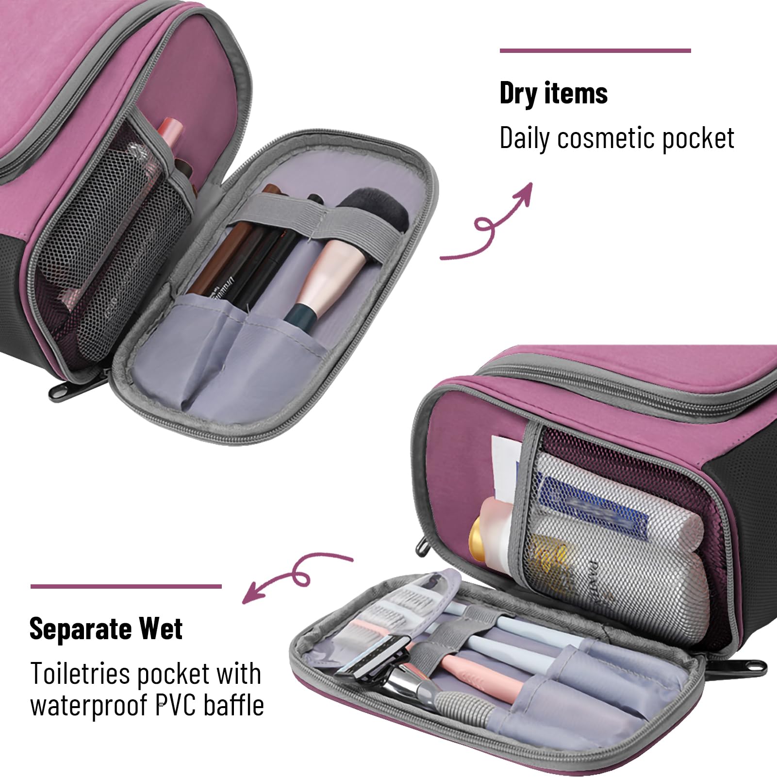 WOOMADA Waterproof Travel Toiletry Bag for Women - Hanging Makeup Organizer with 7 Compartments & Metal Hook - Perfect Cosmetic Storage for Brushes, Toiletries & Beauty Essentials - Ideal for Vacation, Gym, Business Trips & Daily Use