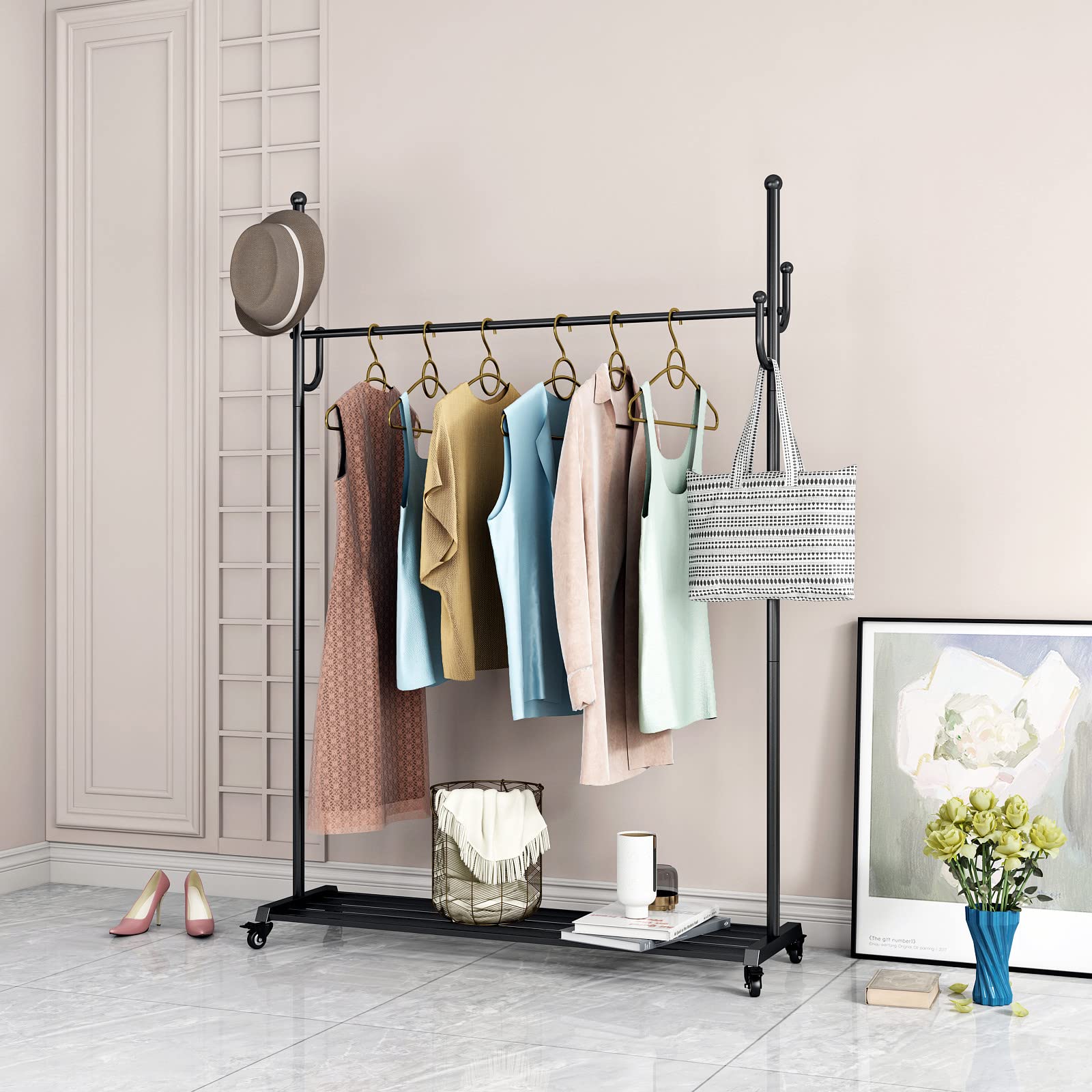 Heavy-Duty Rolling Clothing Rack with Wheels & Shelves - Freestanding Metal Garment Rack for Organizing Clothes, Shoes, Bags & Hats | Perfect for Retail Stores, Boutiques, Closet Organization & Home Use