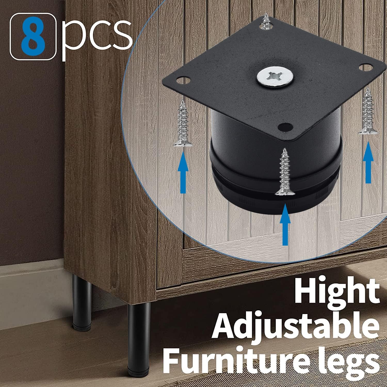 2 Inch Adjustable Stainless Steel Furniture Legs - Round Black Metal Cabinet Legs for Coffee Table, Desk, Sofa & Shelves (Pack of 8) - Perfect for Modern Home & Office Furniture Upgrades