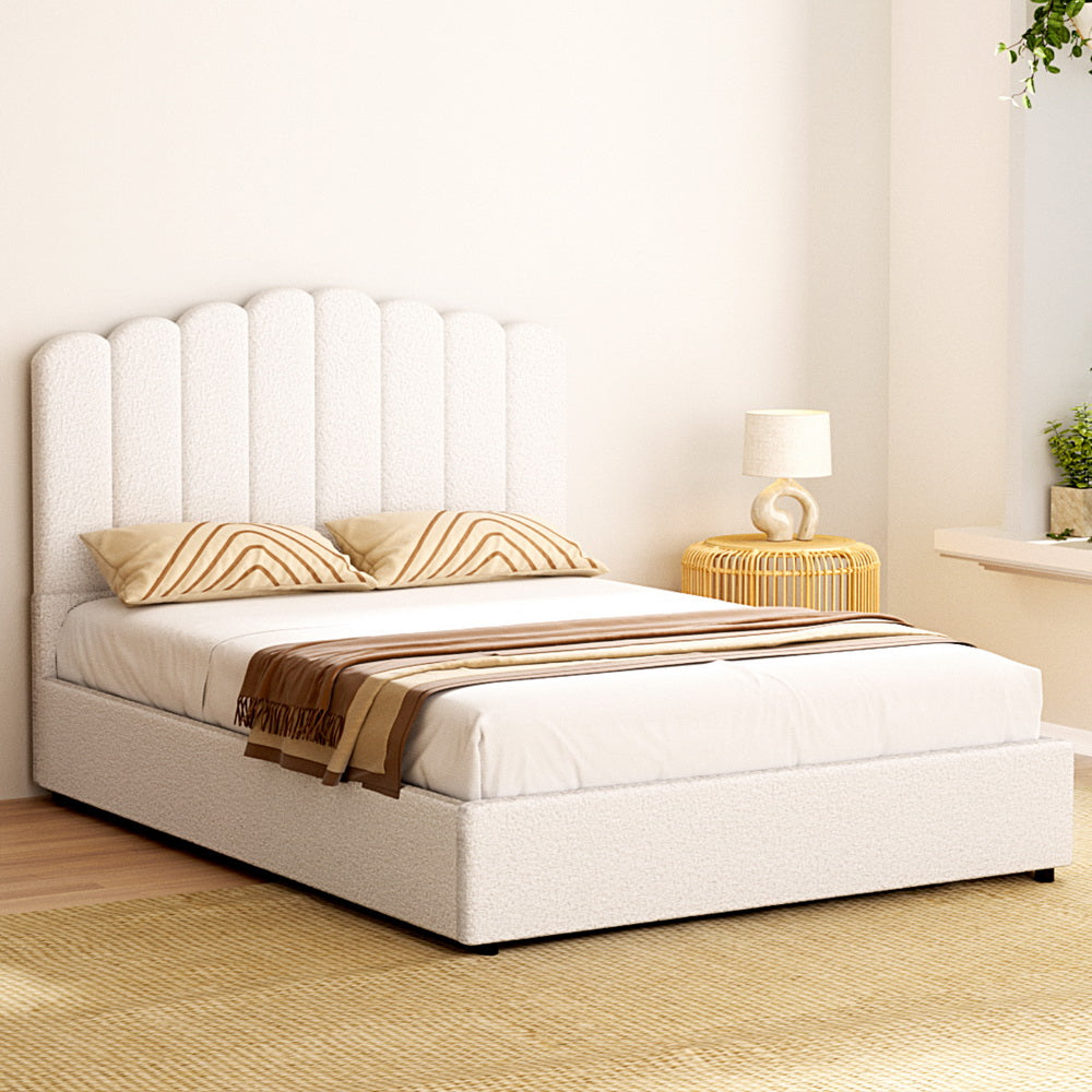 Fion Double Boucle Upholstered Storage Bed in Cream White - Modern Platform Bed with Underbed Storage for Small Spaces & Guest Rooms