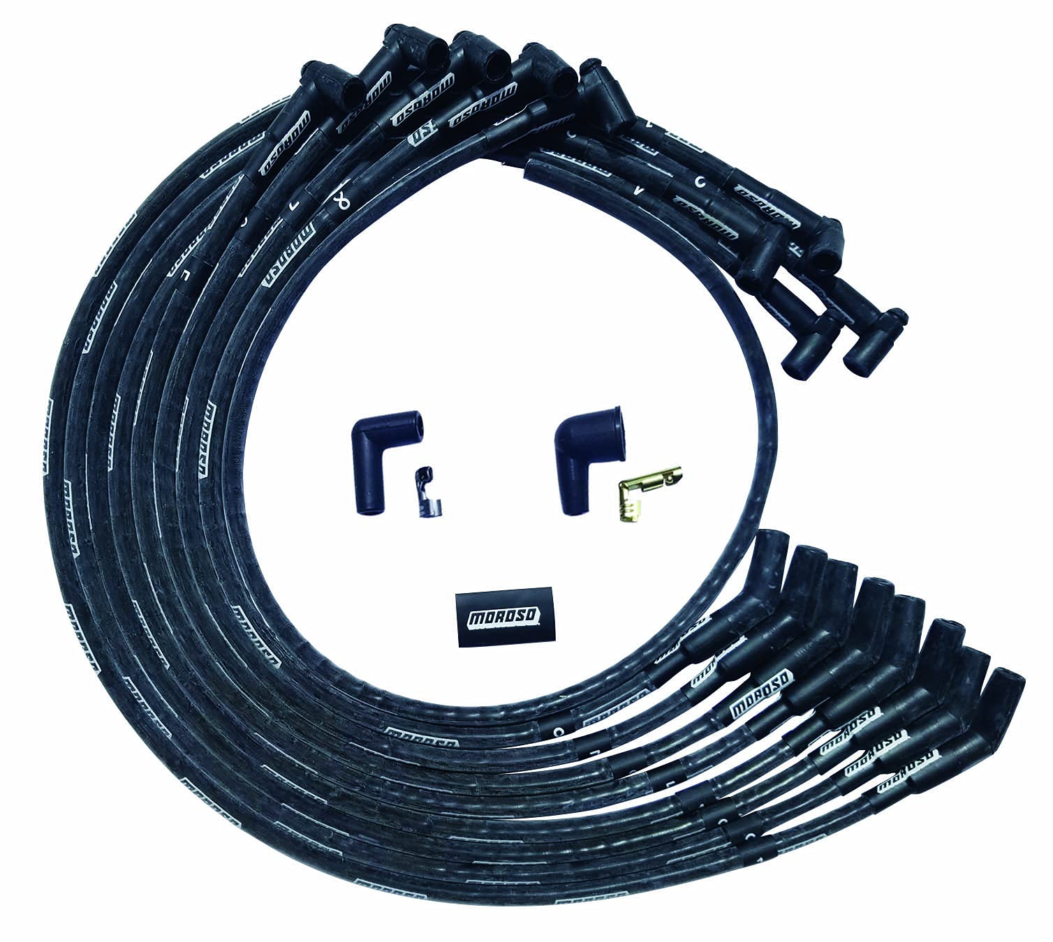 Moroso 51530 Ultra Series Black Sleeved Spark Plug Wires for Small Block Chevy - Under Header Routing, 135 Degree Plug Ends, HEI Distributor Compatible - Perfect for High Performance Engines & Racing Applications