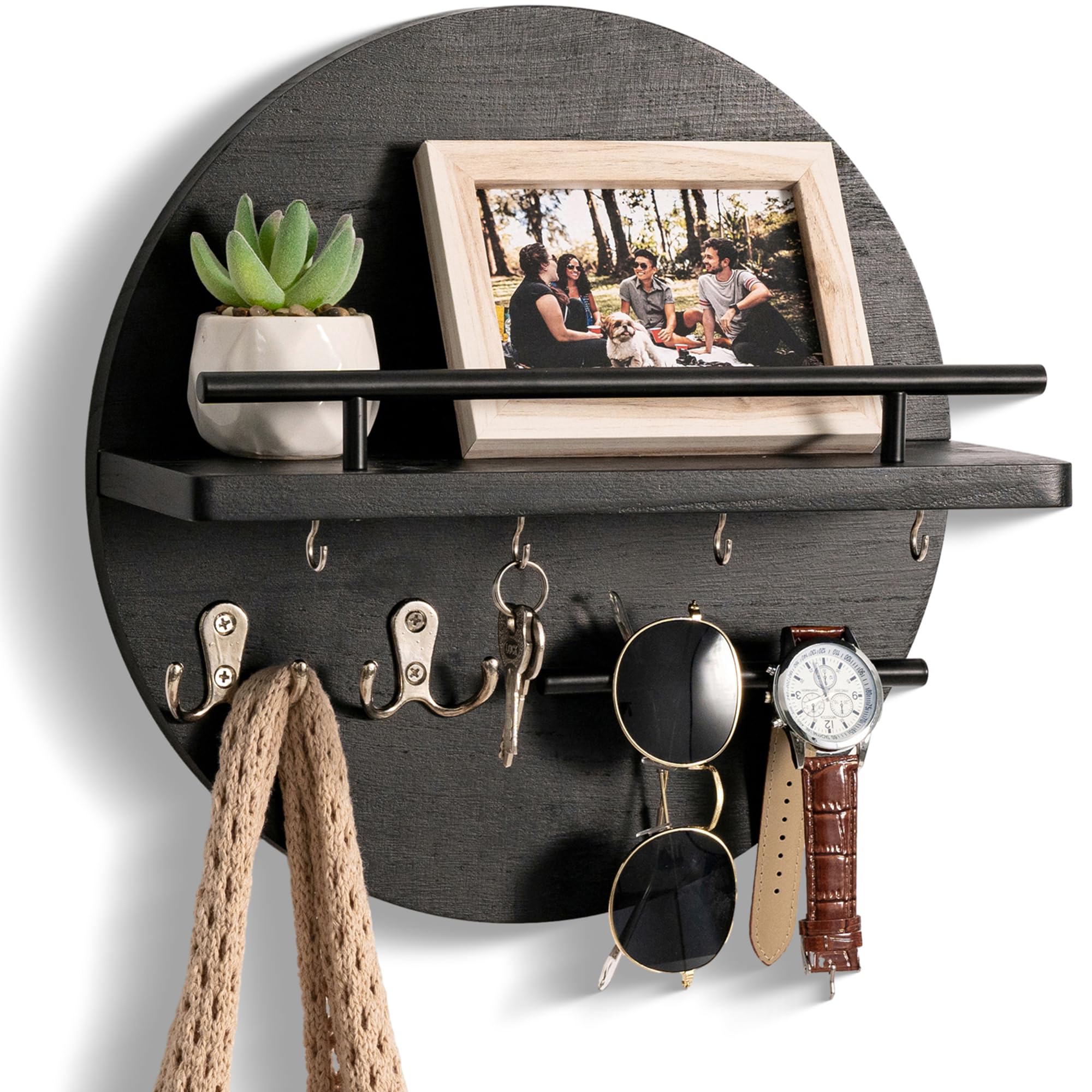 Stylish Circular Wall Key Holder with Shelf & Hooks - Rustic Boho Mail Organizer for Entryway - Black Home Decor for Organizing Keys, Letters & Small Items | Perfect for Hallway, Foyer & Apartment Organization