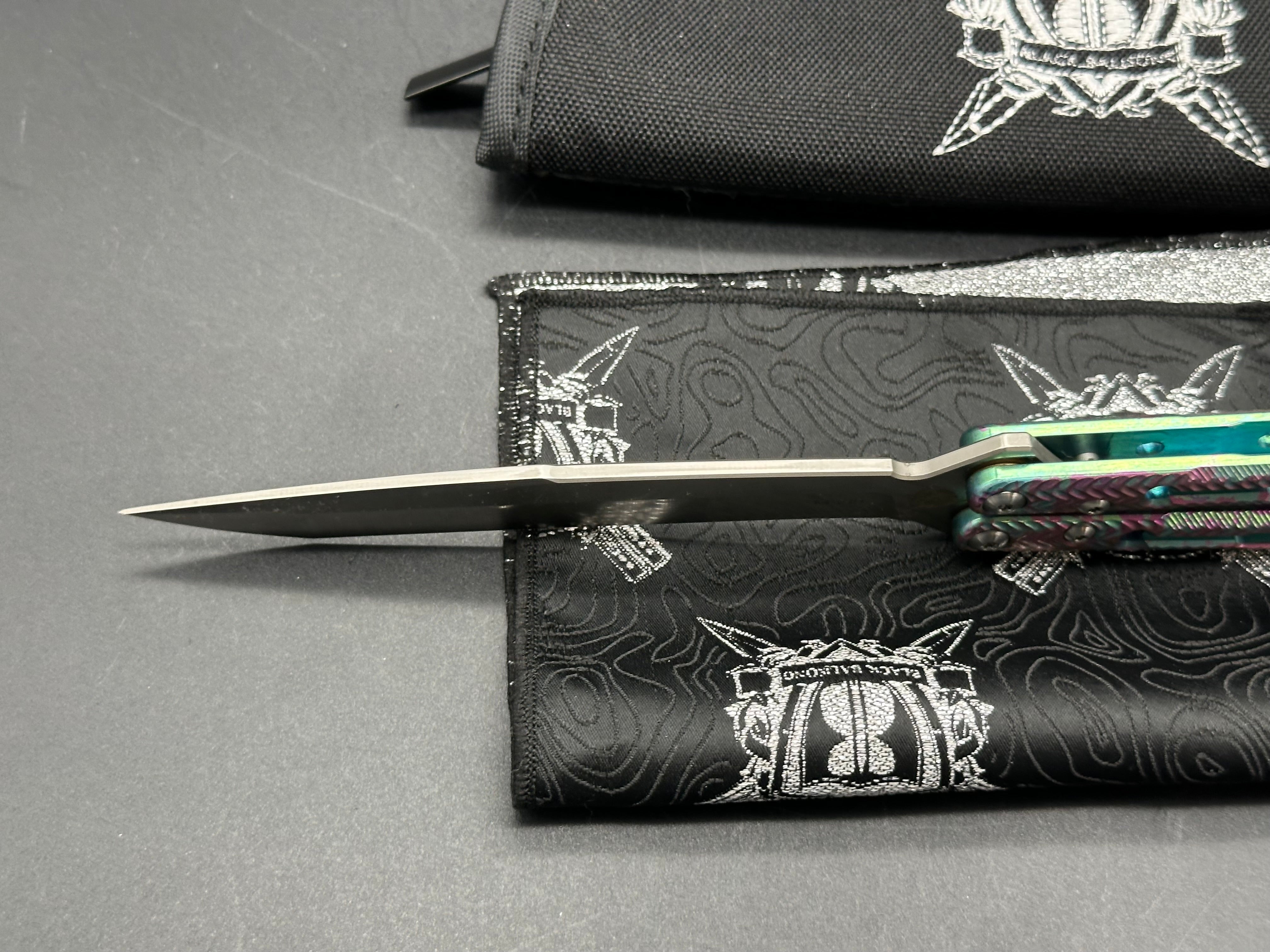 Black Balisong Reaper V2 Butterfly Knife - Spot Anodized Milled Titanium Channel Handles, Tanto Blade, Satin M390 Steel | EDC, Tactical Use & Collector's Item