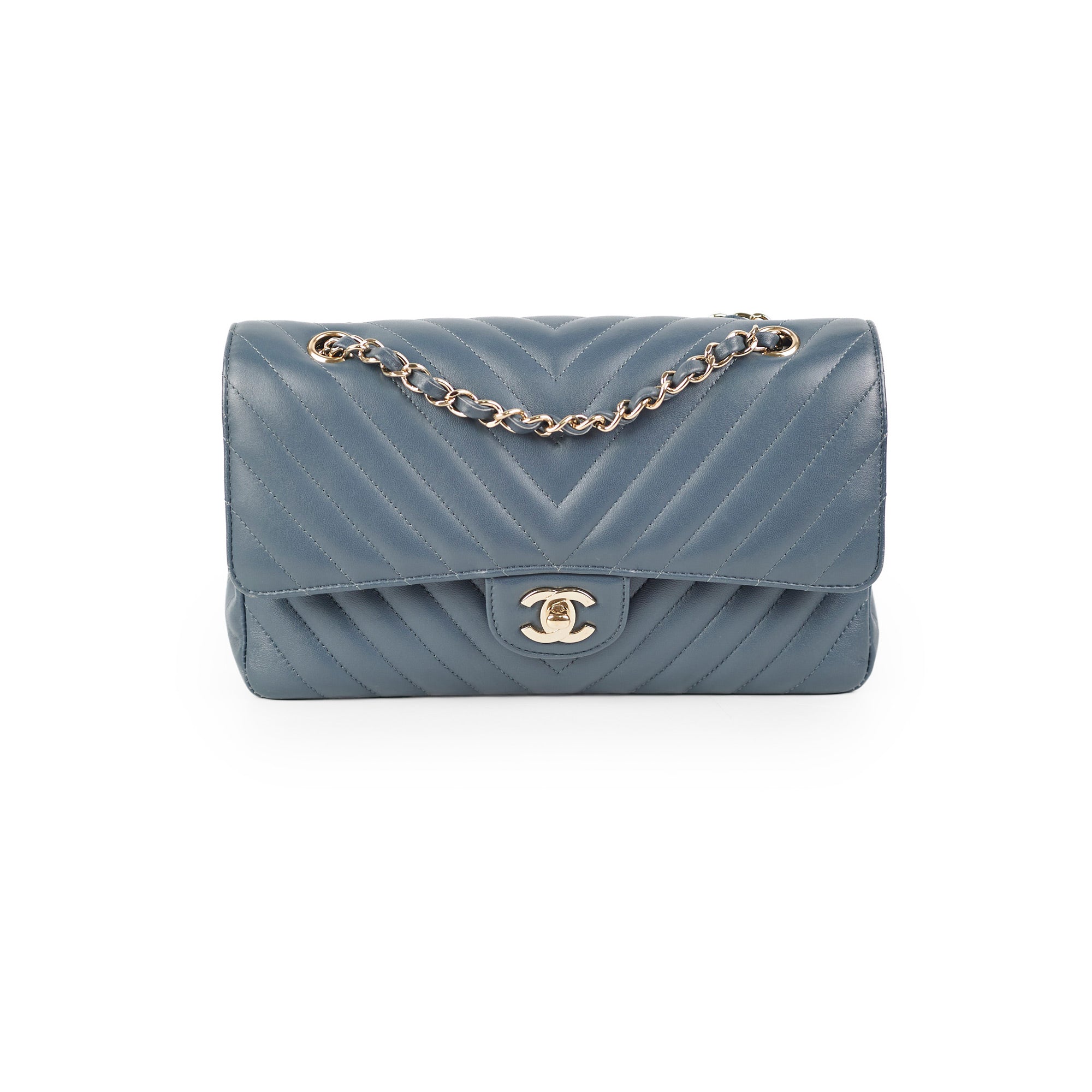 Chanel Chevron M/L Lambskin Classic Flap Bag in Dark Grey & Blue - Luxury Crossbody Shoulder Bag for Women, Perfect for Date Night & Special Occasions