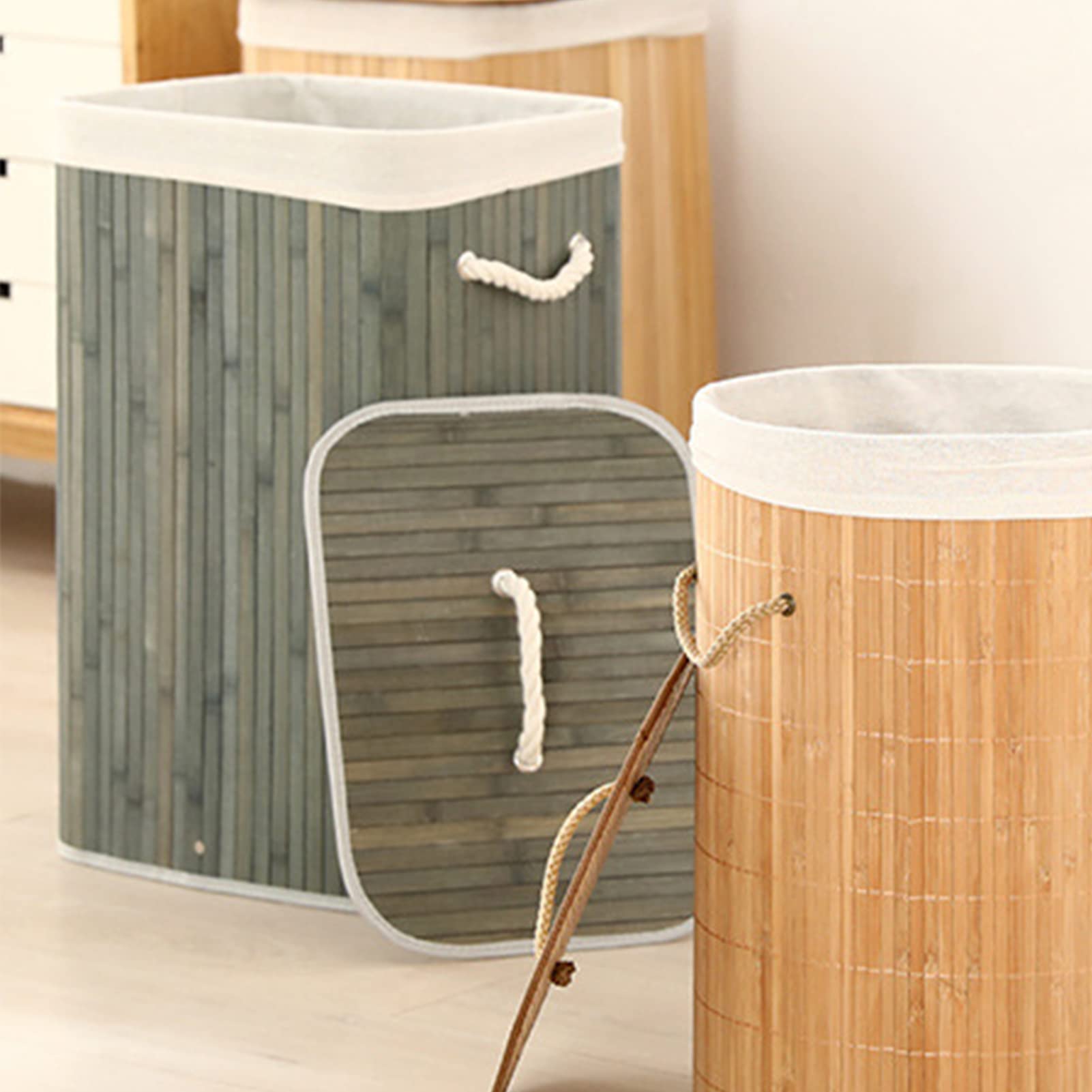 Foldable Bamboo Laundry Basket - Large Capacity Storage Organizer for Clothes, Toys & Groceries | Perfect for Dorm Rooms, Home & Travel | Grey Square (1.7 Cu Ft) - Space Saving & Multi-Purpose Use