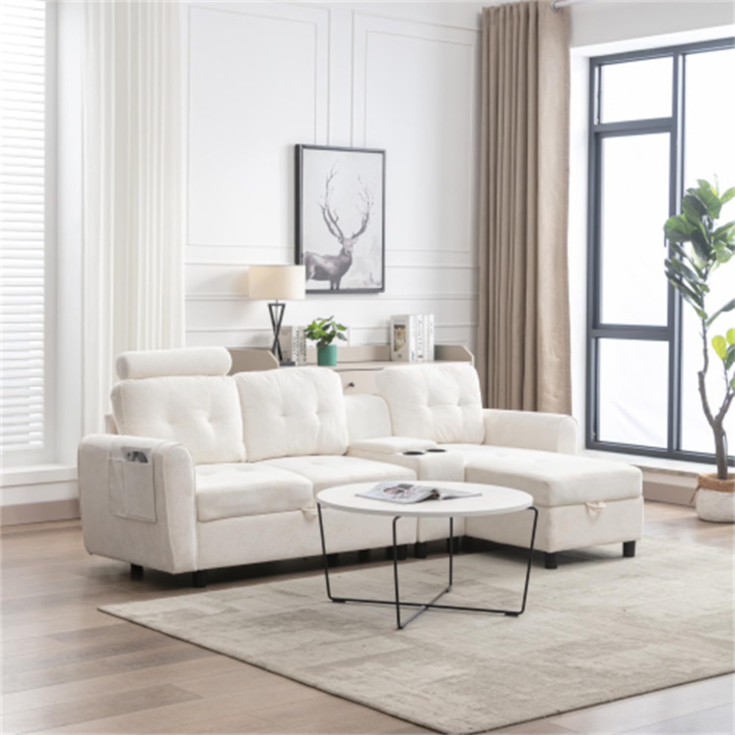 Modern L-Shaped Sectional Sofa with Storage Chaise - 3-Seater Fabric Upholstered Couch with 2 Cup Holders & Side Pockets - Cozy Living Room Furniture for Apartments, Offices & Small Spaces (White) - Perfect for Entertaining Guests or Relaxing with Family