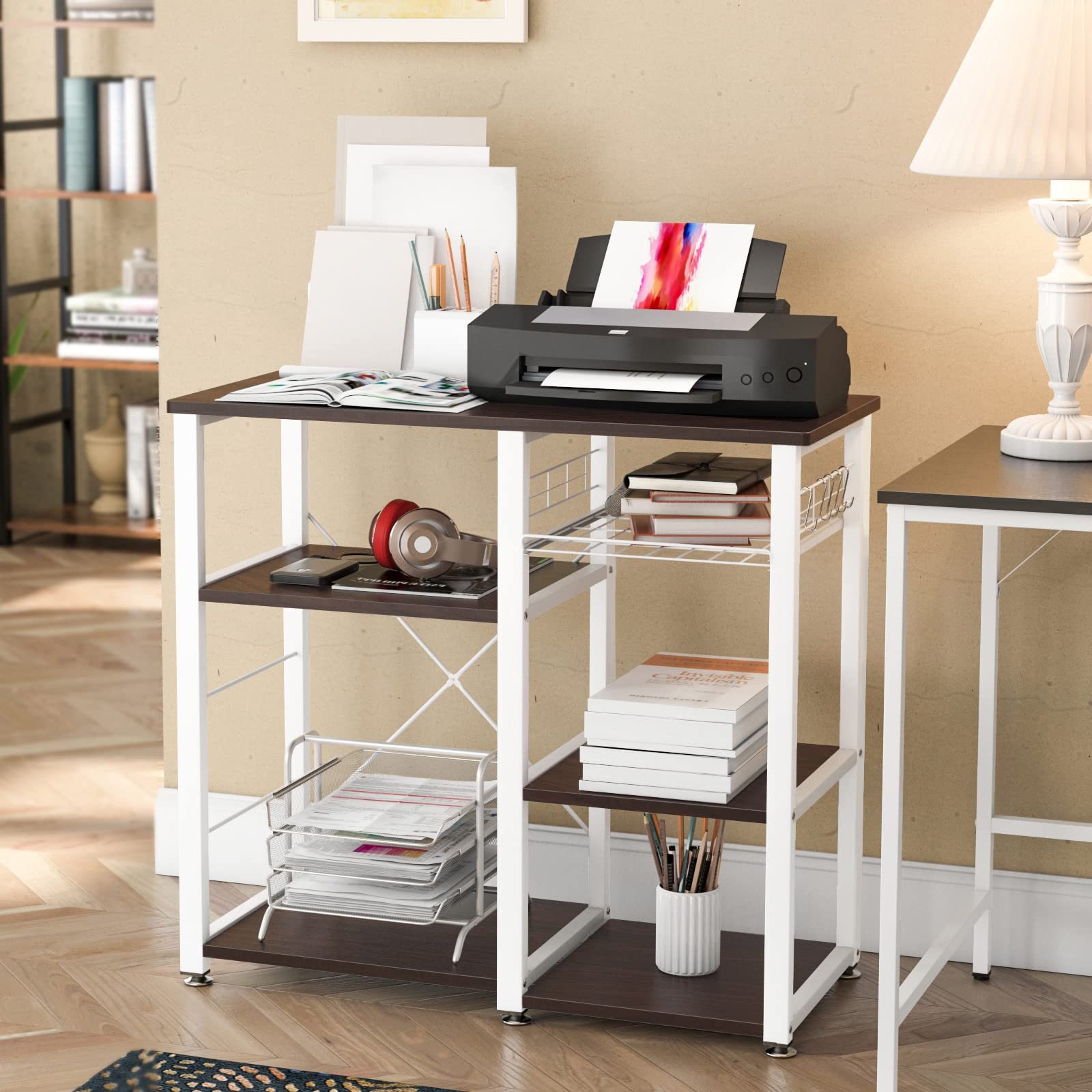 SogesHome 4-Tier Microwave Stand Shelf - Sturdy Kitchen Storage Organizer with Walnut Black Finish - Perfect for Coffee, Snacks & Small Appliances - Ideal for Home, Kitchen & Living Room Organization