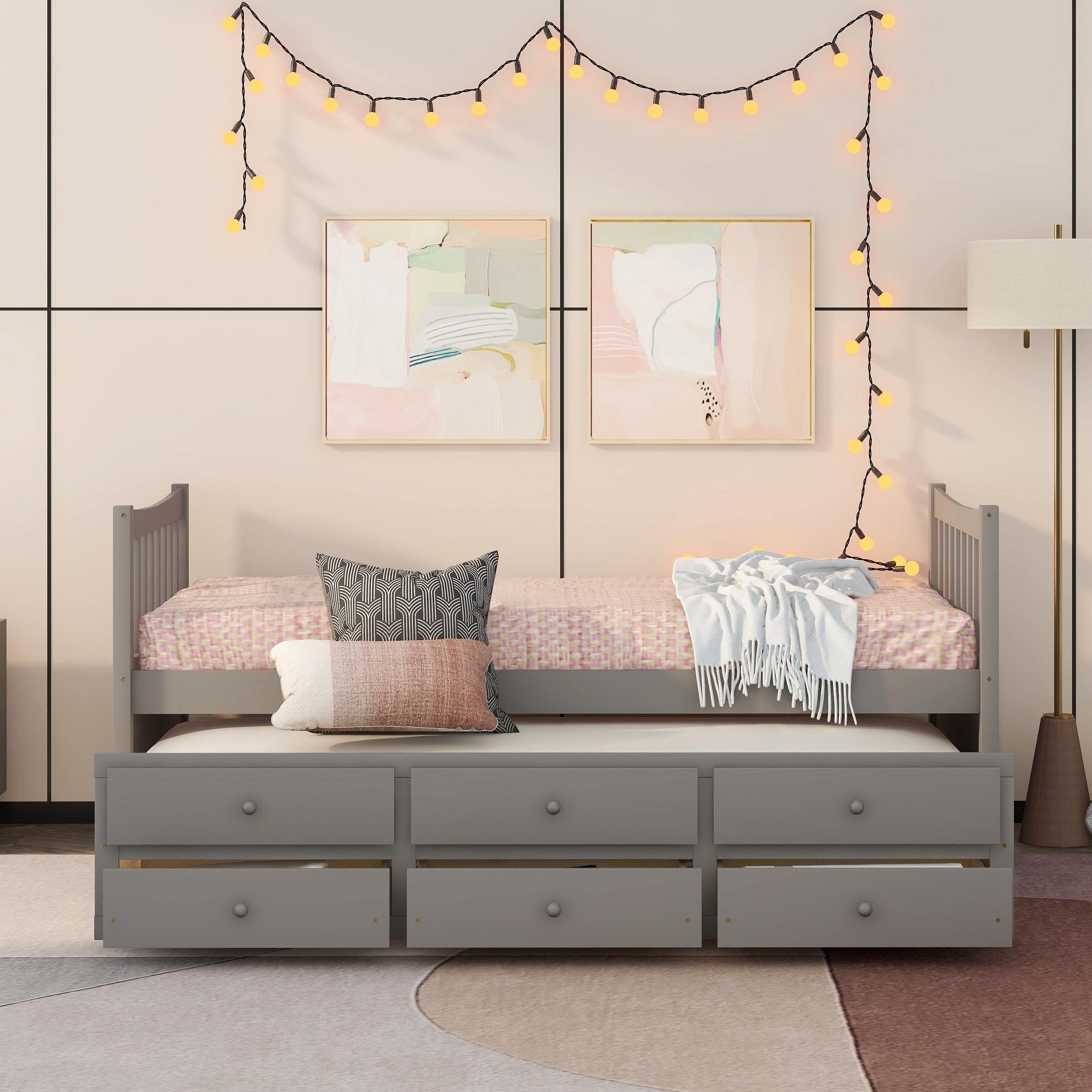Harper & Bright Designs Twin Captain’s Bed with Storage Drawers & Trundle - Solid Wood Daybed for Kids & Guest Room, Gray - Perfect for Small Spaces & Sleepovers