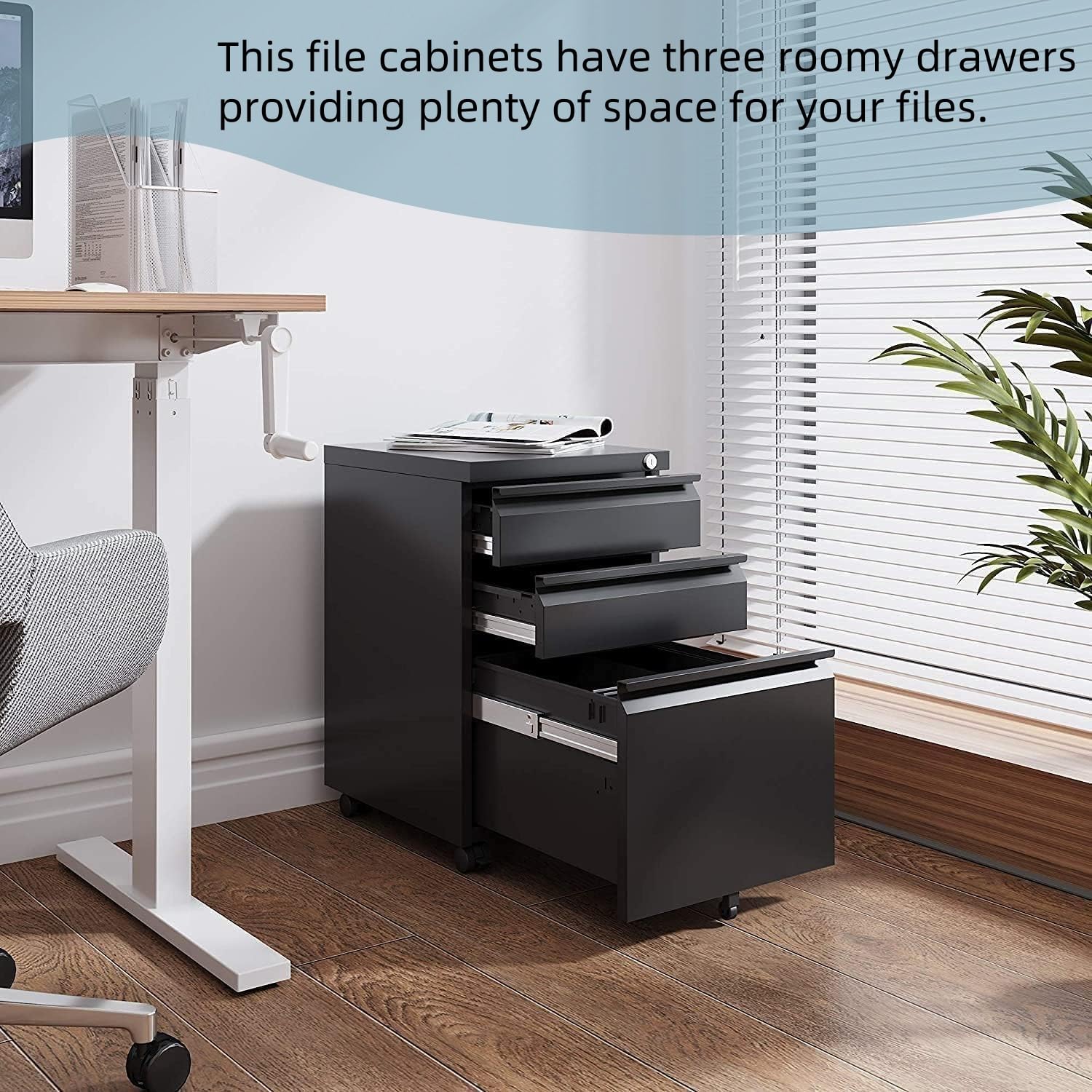 Mobile File Cabinet with Lock - 3 Drawer Home Office Storage for A4/Letter/Legal Size Folders, Fully Assembled Matte Black Filing Cabinet | Perfect for Small Spaces & Document Organization