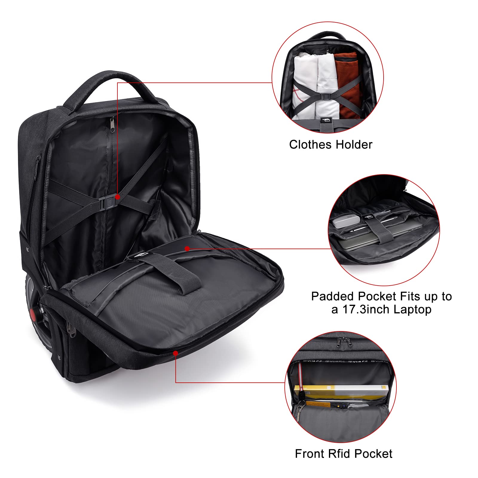 Rolling Backpack with Wheels - Travel & Work Laptop Backpack for Women & Men - 17.3 Inch Carry-On Luggage - Black | Perfect for Business Trips, Commuting & Air Travel