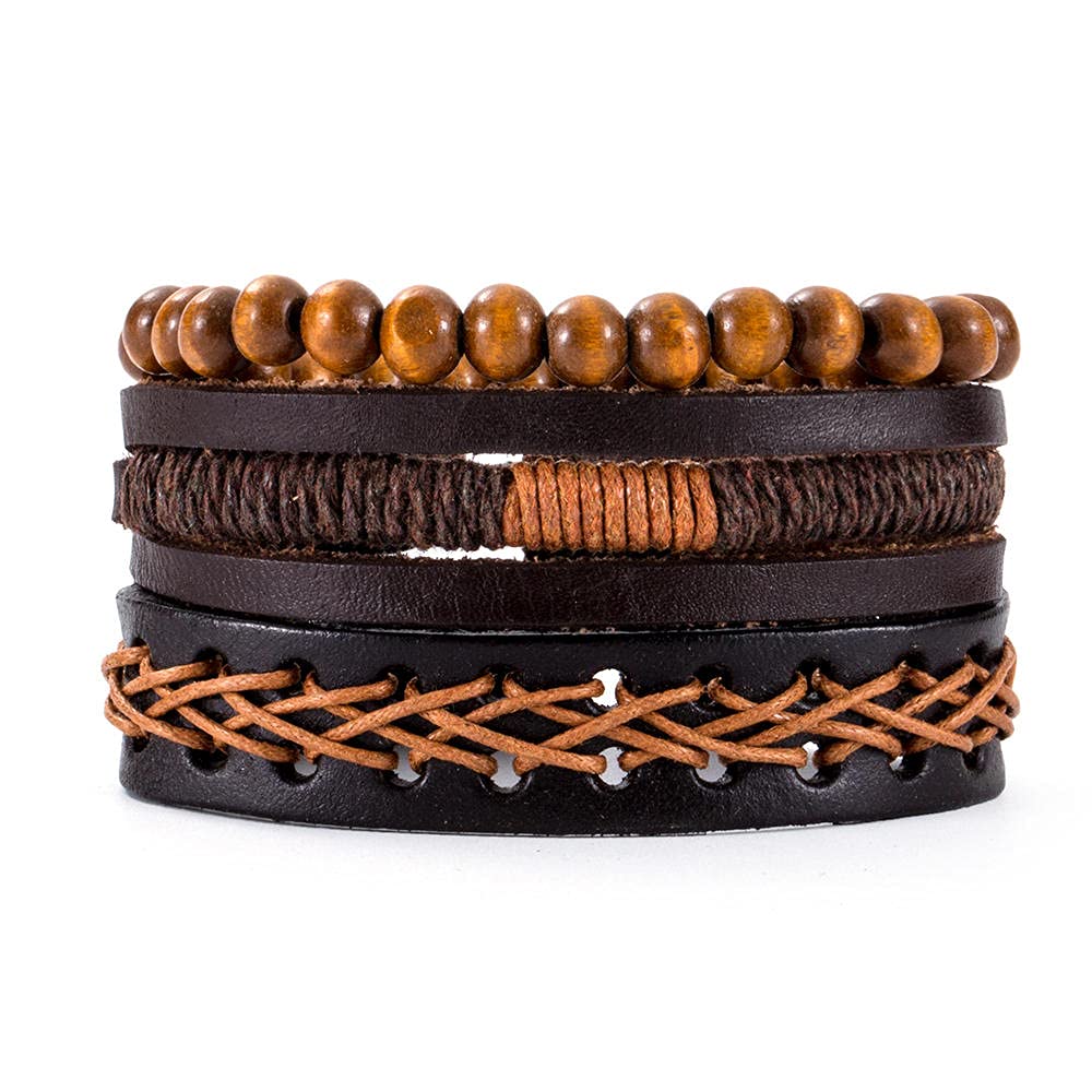 Braided Leather Bracelet for Men - Handmade Multilayer Wooden Bead Bracelet with Anchor Charm - Stylish & Durable Men's Jewelry for Casual Wear, Gifts & Everyday Fashion