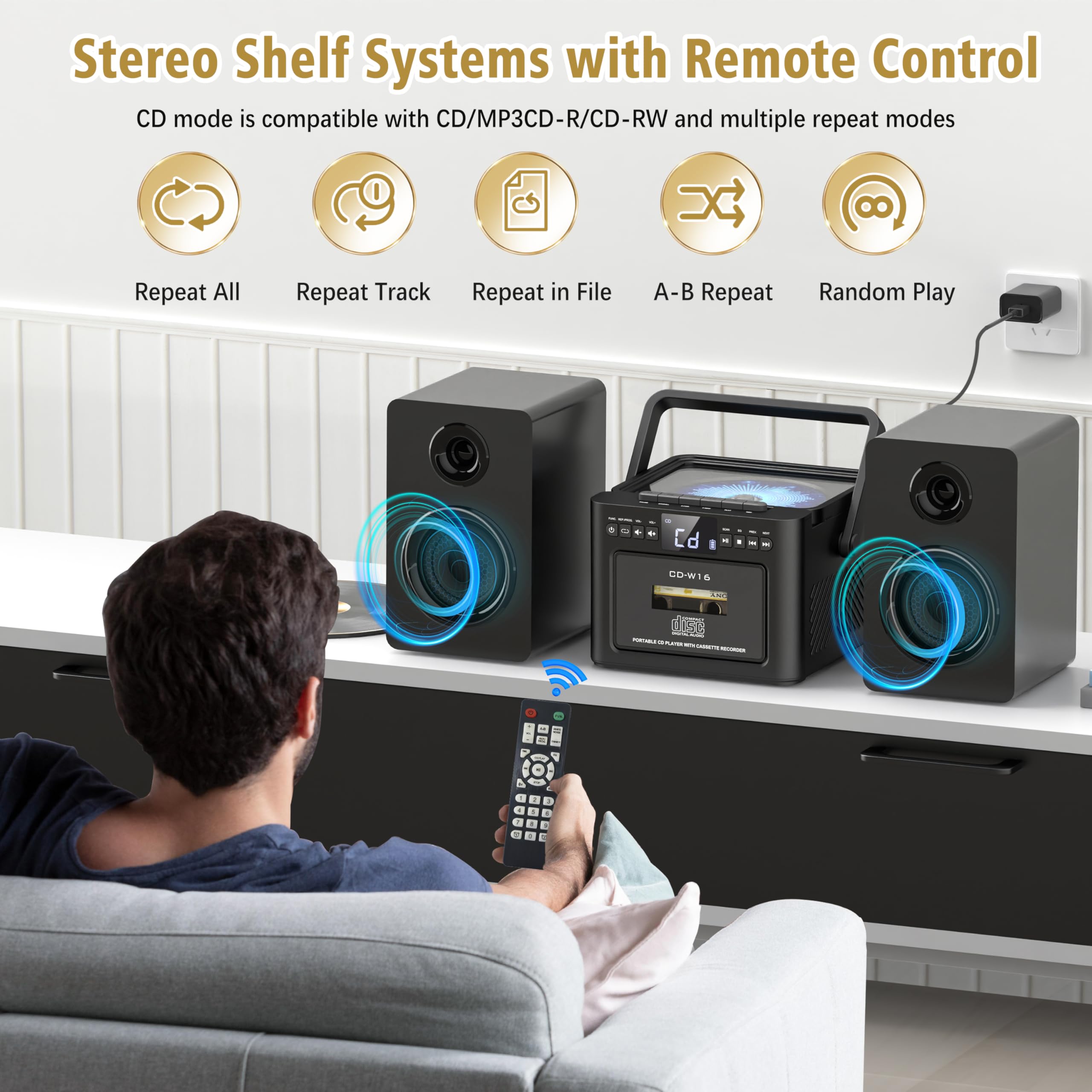 Bluetooth 5.1 Bookshelf Stereo System with Cassette & CD Player - 40W Powerful Speakers, FM Radio, Tape Recording, LCD Display, USB/AUX, Remote Control - Perfect for Home, Office & Retro Music Lovers