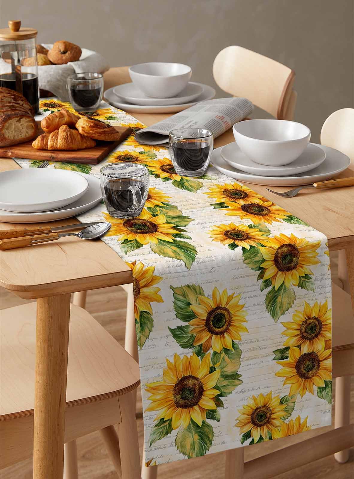 Sunflower Cotton Linen Table Runner 13x90 Inch - Rustic Farmhouse Kitchen Decor for Dining Table, Wedding Banquet, Party & Holiday Celebrations - Perfect for Family Dinners, Bridal Showers & Home Decoration