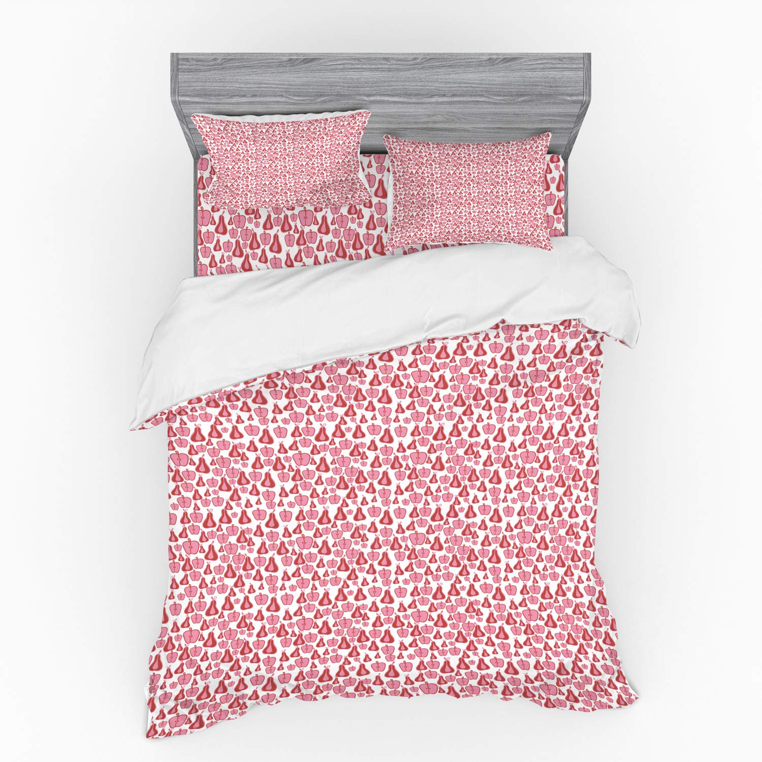 Ambesonne Fruit Duvet Cover Set - Queen Size 4-Piece Bedding with Shams & Fitted Sheet | Abstract Pears & Apples Design in Pale Pink & Dark Salmon | Perfect for Modern Bedrooms, Guest Rooms & Dorm Decor