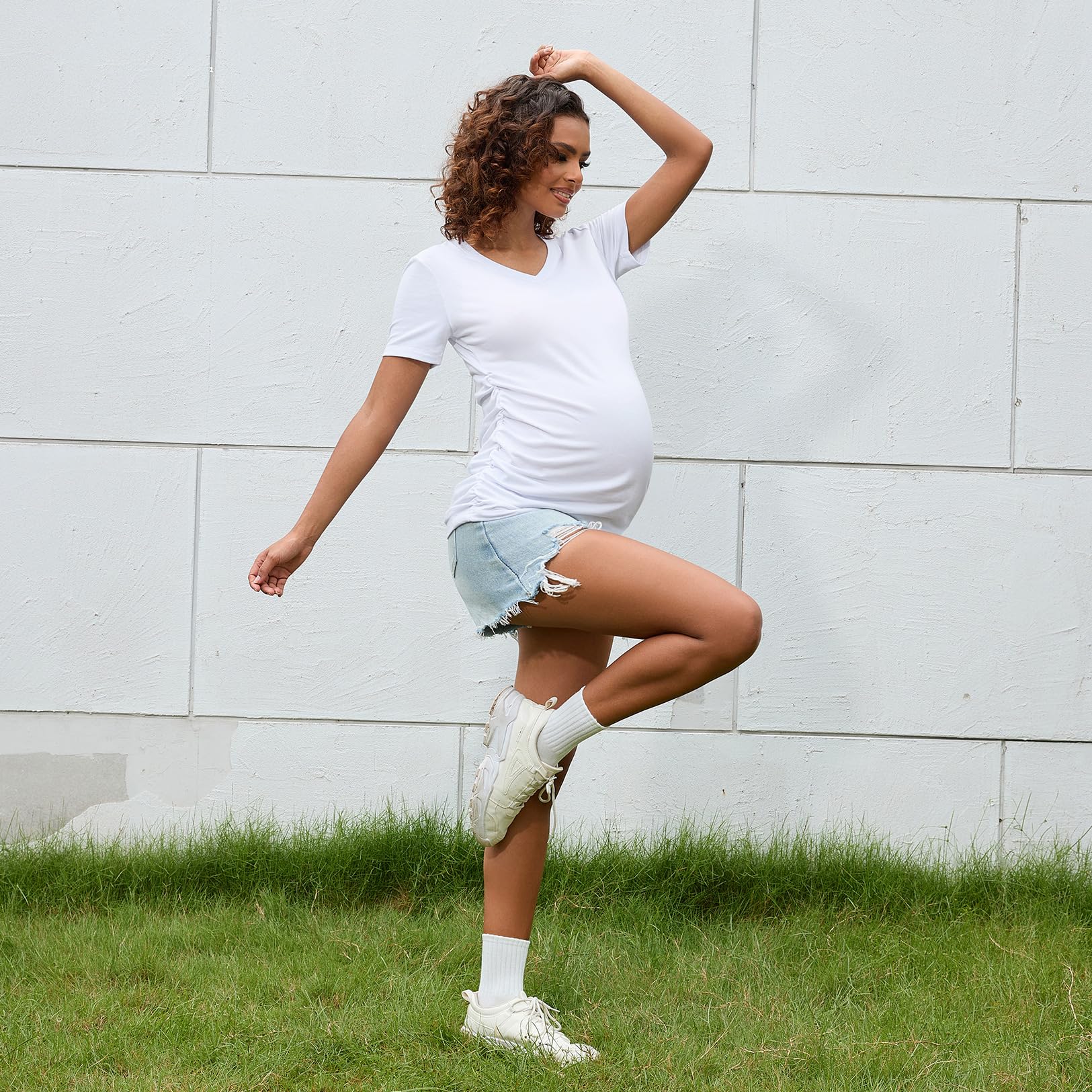 Bhome Maternity Shirt - Soft Cotton Short Sleeve Pregnancy T-Shirt with Side Ruched Design for Comfortable Fit - Perfect for Everyday Wear, Maternity Photos & Baby Showers