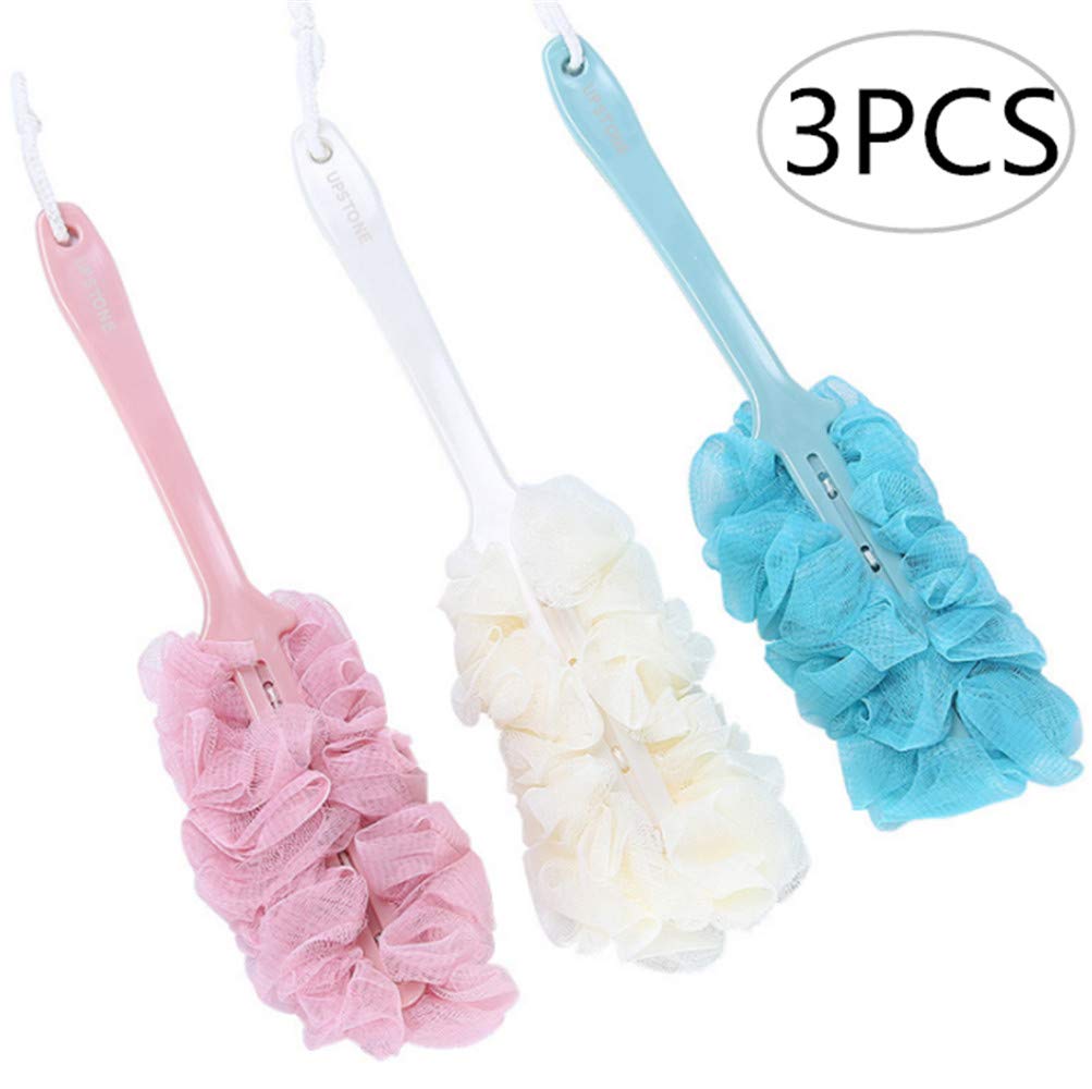 3 Pack Long Handle Bath Brush with Nylon Mesh - Exfoliating Body Back Scrubber for Men & Women - Soft Shower Brush in Blue, Pink & White - Perfect for Deep Cleansing & Skin Renewal in Bath or Shower