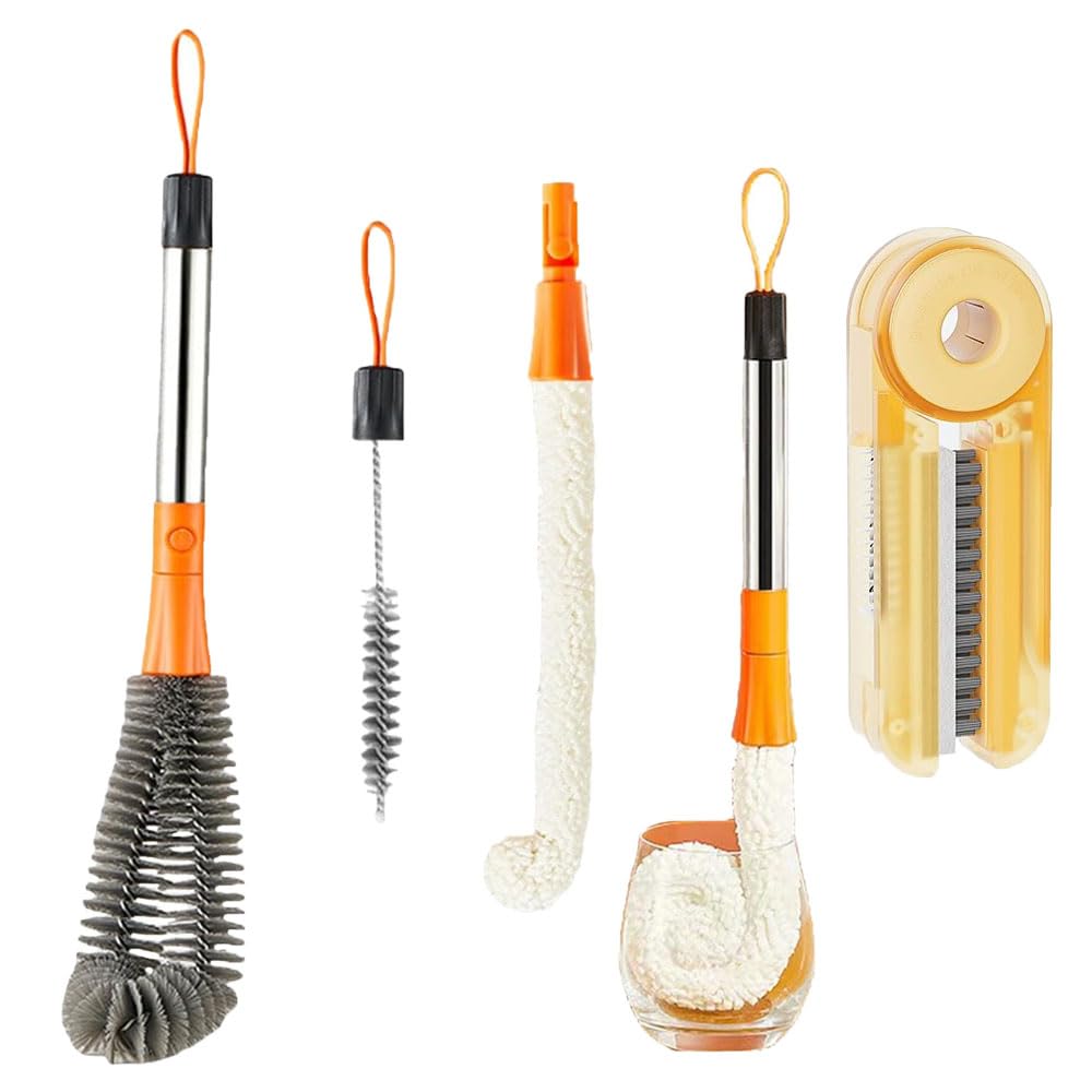 4-in-1 Long Handle Bottle Cleaning Brush with Straw Cleaner - Reusable Water Bottle Brush for Sports Bottles, Baby Bottles, Mugs & Straws - Perfect for Home, Office, Gym & Travel (Orange)