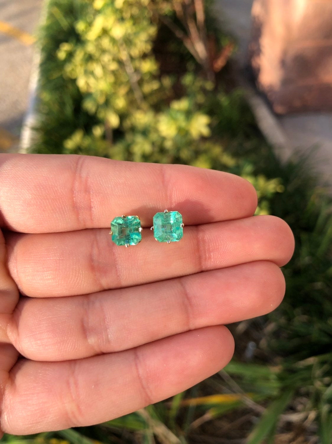3.44 Carats Colombian Emerald Asscher Cut 14K Yellow Gold Prong Stud Earrings | Luxury Wedding Jewelry & Anniversary Gift for Women