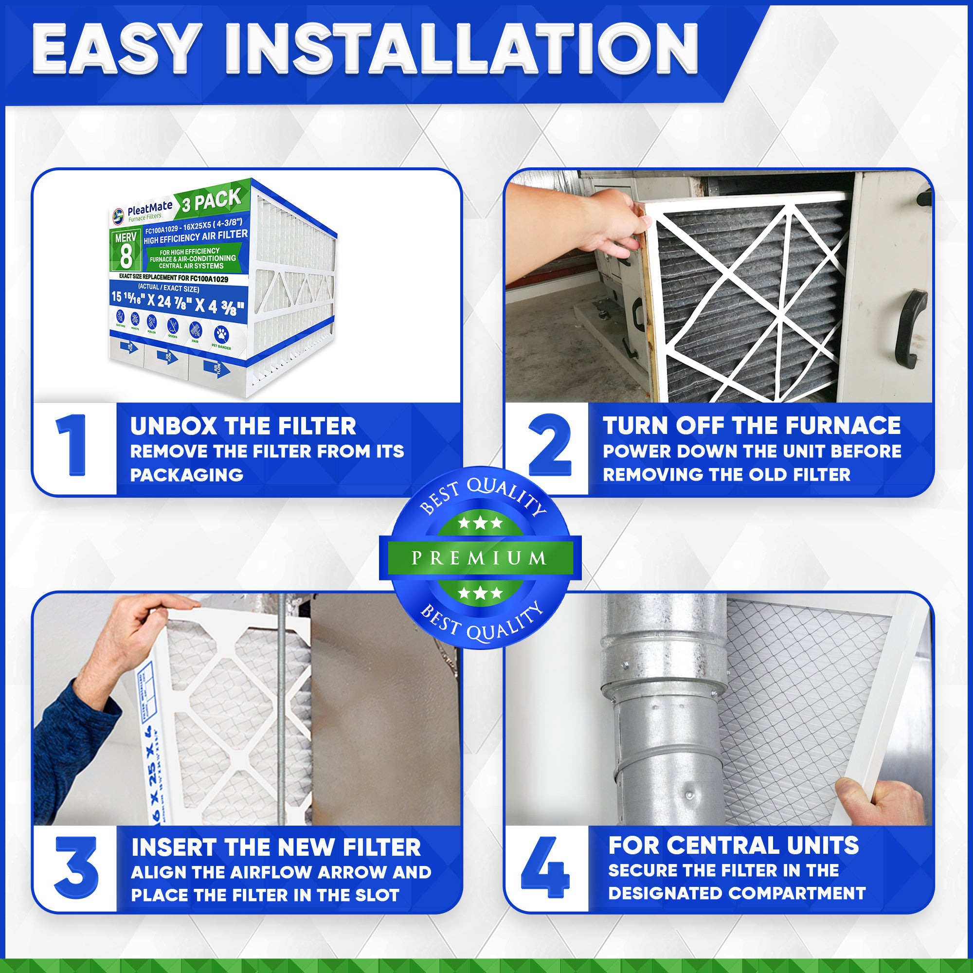 Honeywell FC100A1029 MERV 8 Air Filter 16x25x4 (15 15/16x24 7/8x4 3/8) - 3 Pack for Furnace, AC & HVAC Systems - Traps Dust, Pollen & Allergens - Perfect for Home & Office Use