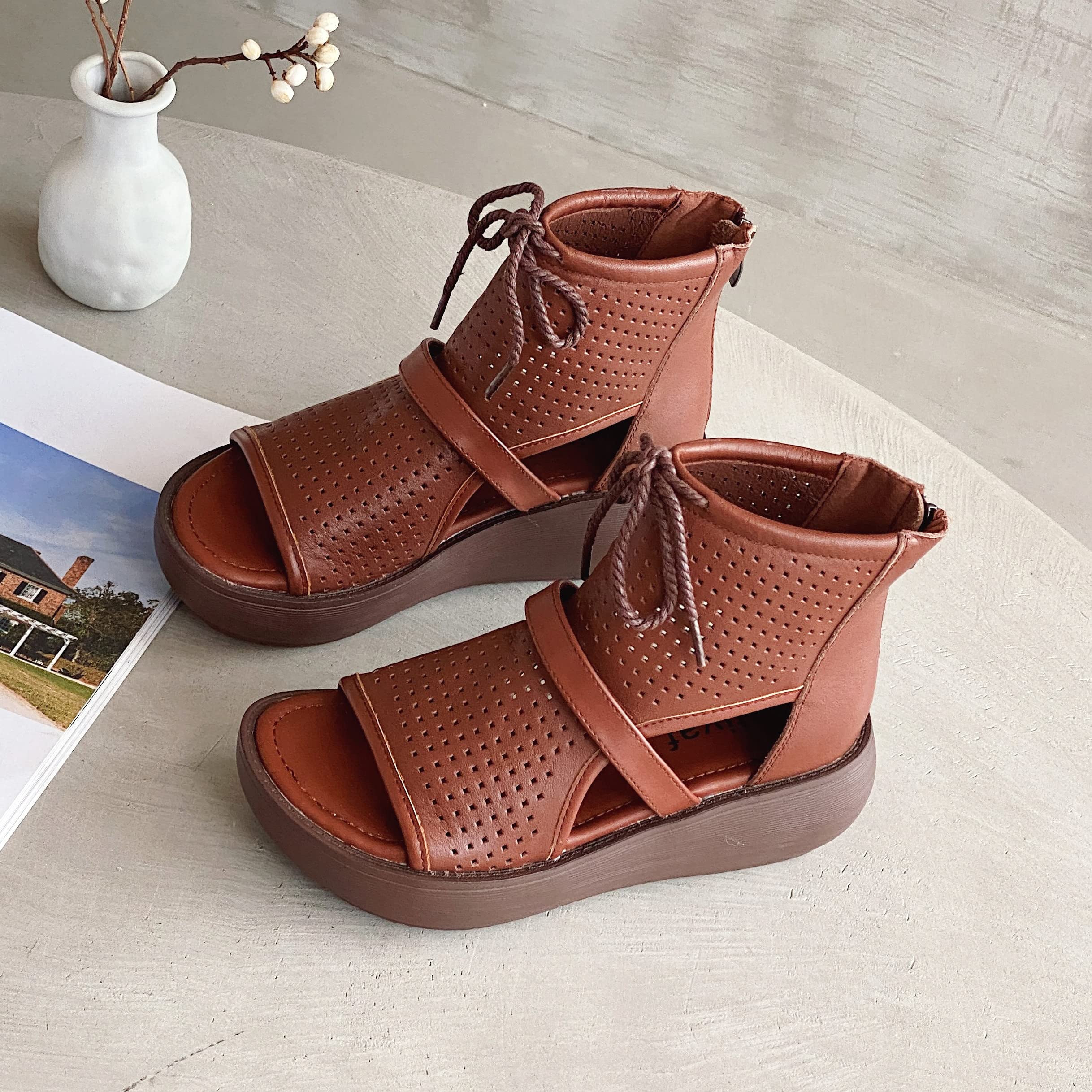Women's High Top Leather Boot Sandals with Open Toe Cutout Design - Stylish Summer Fashion for Casual Outings, Beach Walks & Outdoor Adventures