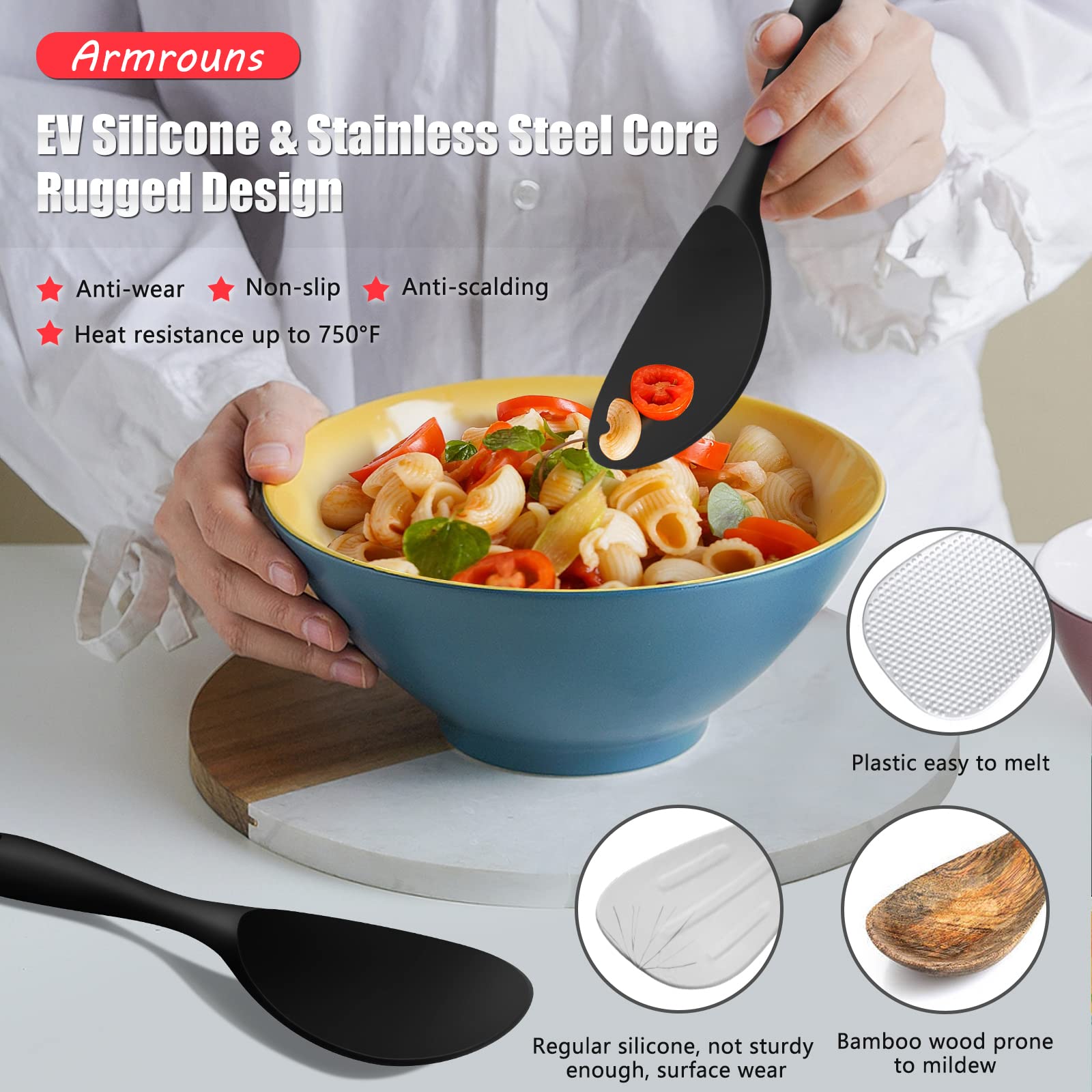 2-Pack Silicone Rice Paddle Spoon - Non-Stick, Heat Resistant Kitchen Utensil for Rice, Mashed Potatoes & Cooking - Perfect for Serving, Stirring & Scooping (Casual Black)