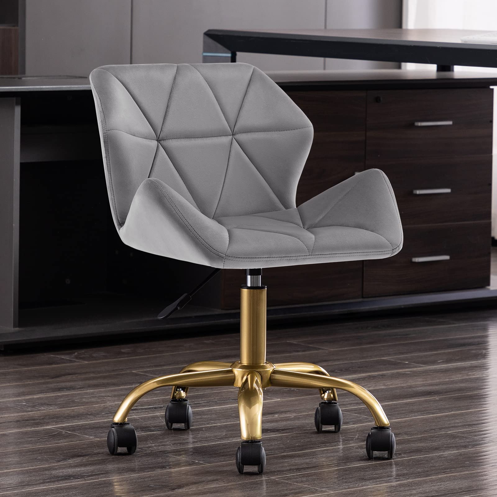 DUHOME Velvet Swivel Desk Chair - Armless Hydraulic Rolling Office Chair with Backrest & Golden Base for Women, Teens, Girls - Grey Home Office Furniture for Study, Work, Gaming & Relaxation