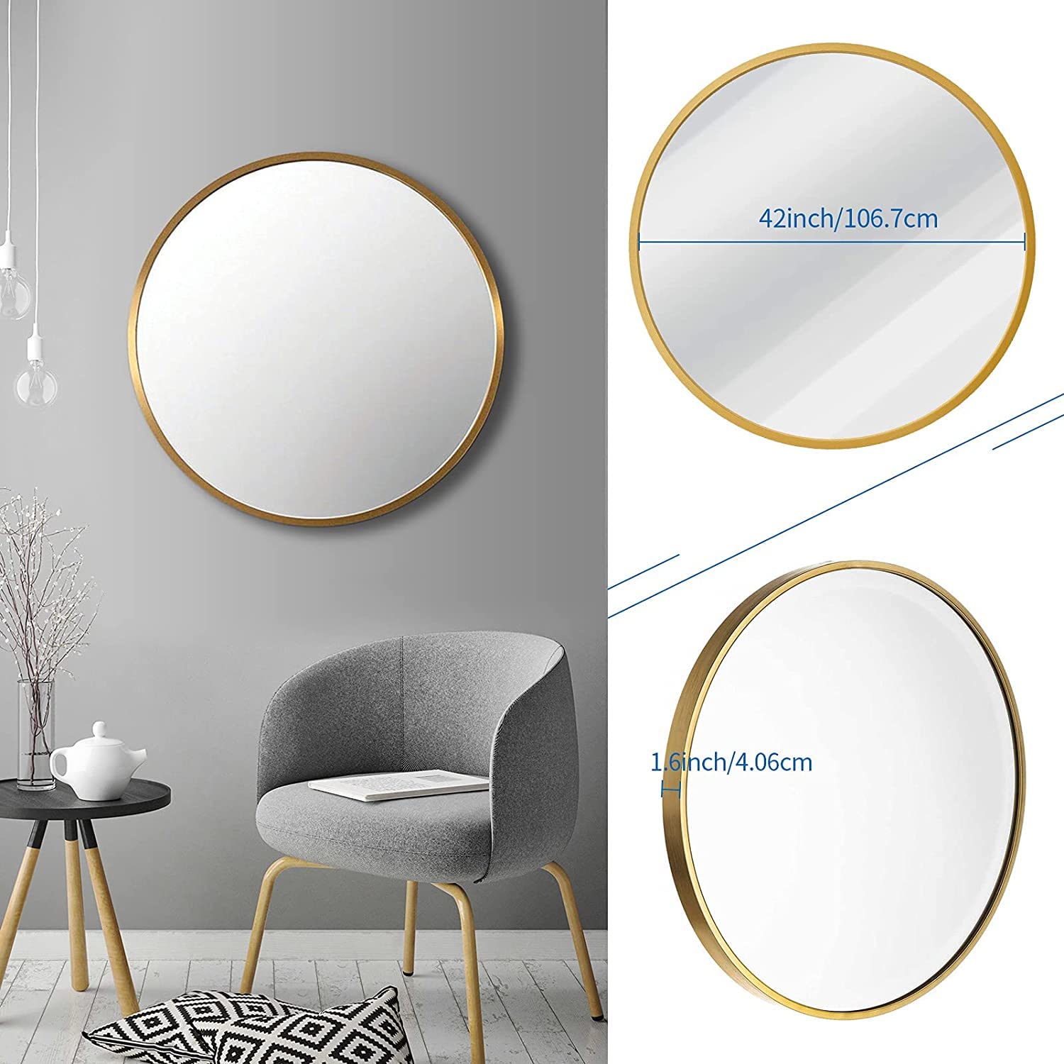 42 Inch Large Round Wall Mirror - HD Gold Circle Mirror for Home Decor, Modern Metal Frame Circular Vanity Mirror - Perfect for Bathroom, Entryway, Hallway & Over Sink - Easy to Install & Stylish Accent Piece