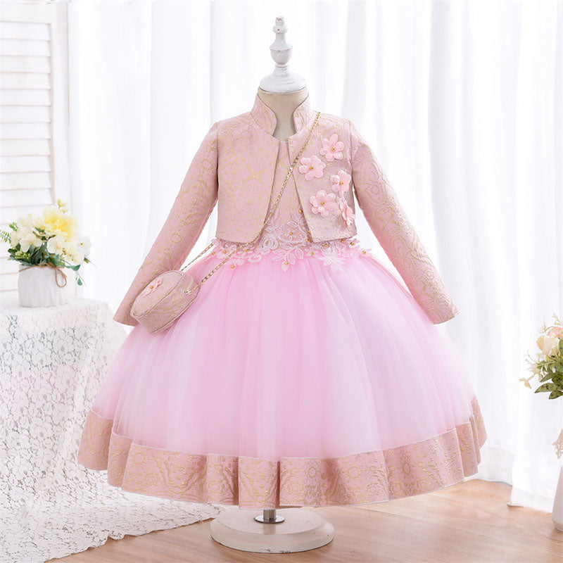 Elegant Lace Tulle Princess Flower Girl Dress with Long Sleeves Floral Embroidery - Perfect for Weddings, Baptisms & Special Occasions