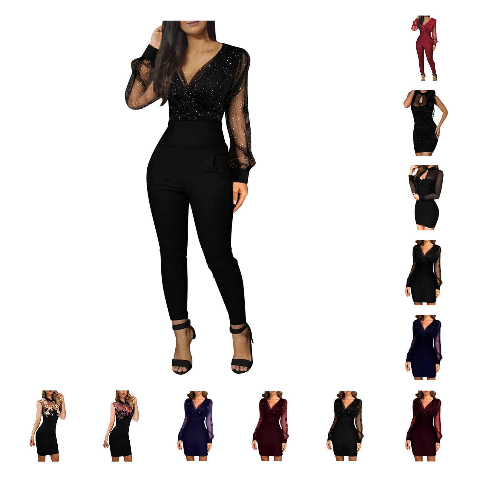 Sexy Women's V-Neck Sequined Mesh Romper Jumpsuit with Long Sleeves & Pockets | Elegant Party Outfit for Nightclub, Date Night & Special Occasions