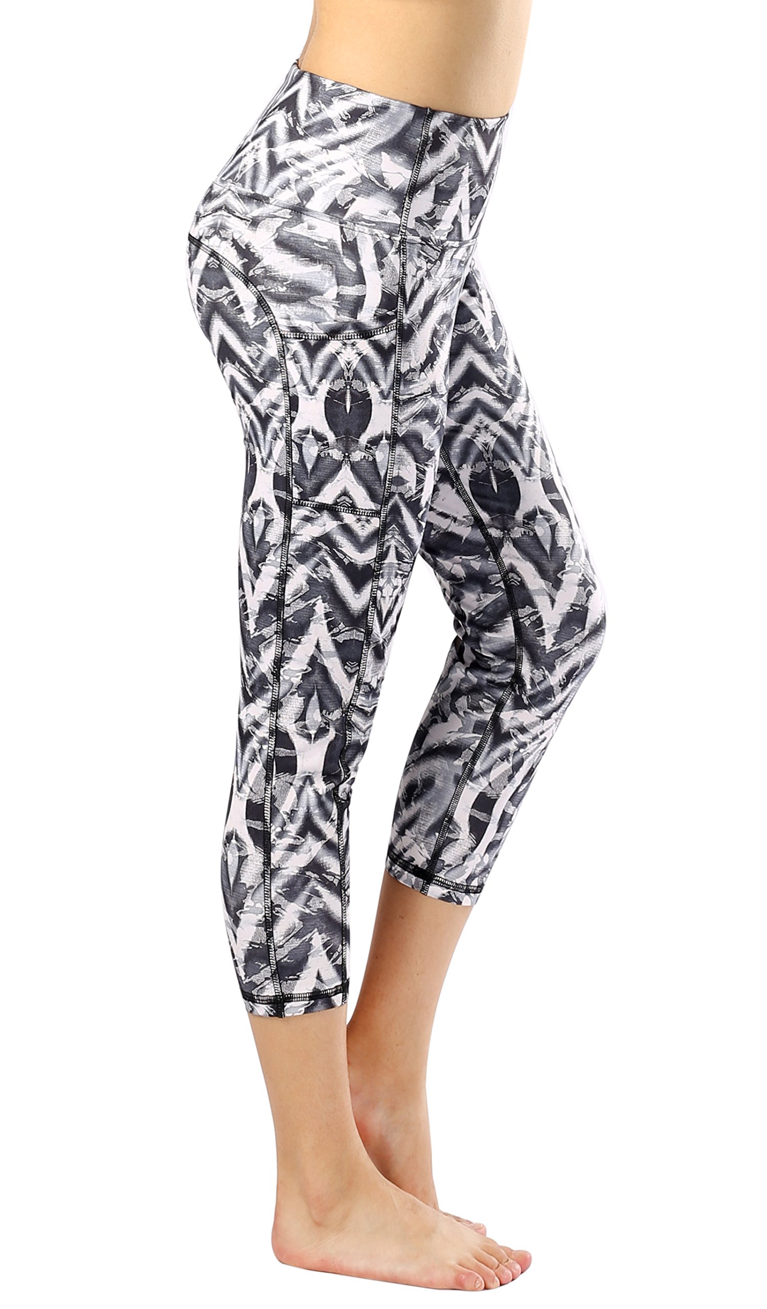 Women's High Waisted Yoga Pants with Pockets - Floral Pattern Running Capris for Workout, Gym & Lounge Wear