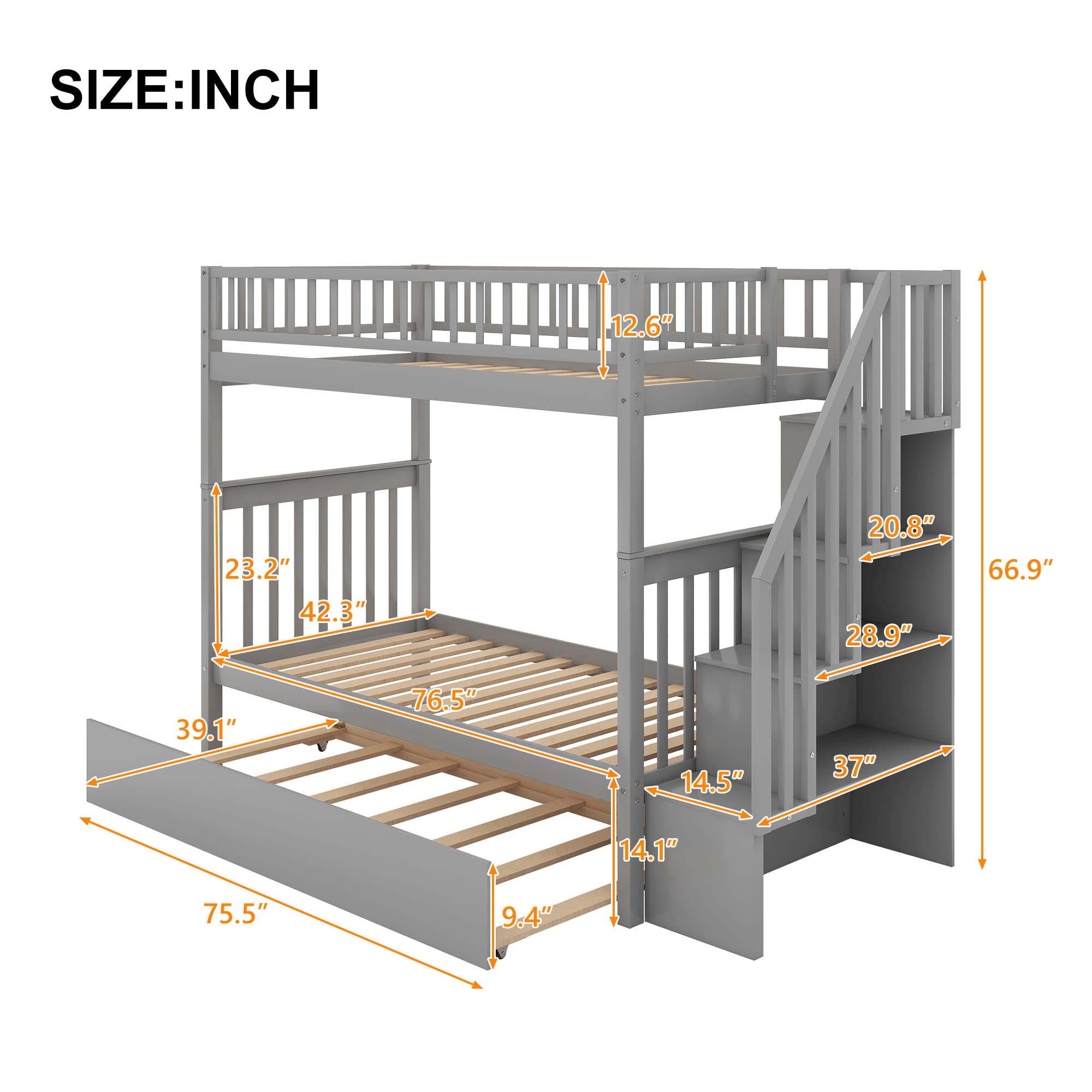 Harper & Bright Designs Twin Over Twin Solid Wood Bunk Bed with Trundle & Stairs - Space-Saving Kids, Teens & Adult Bedroom Furniture (Grey) - Perfect for Small Rooms, Guest Rooms & Shared Kids' Bedrooms