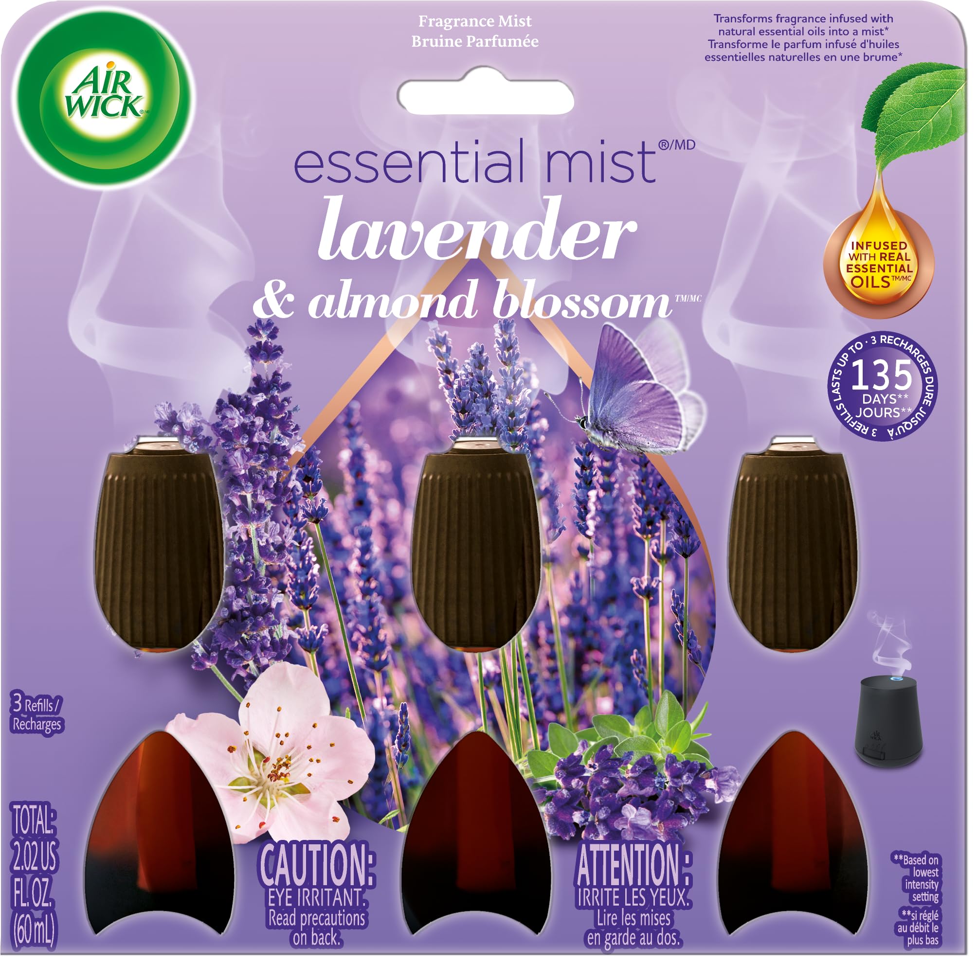 Air Wick Essential Mist Refill - 3 Count, Lavender & Almond Blossom Scent, Essential Oil Diffuser Refills for Home | Long-Lasting Air Freshener for Bedroom, Bathroom, Living Room & Office
