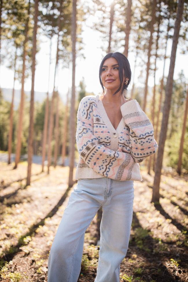 Fair and Square Beige Multi Fair Isle Cardigan for Women - Cozy Knit Sweater with Nordic Pattern - Perfect for Winter, Christmas & Holiday Outfits