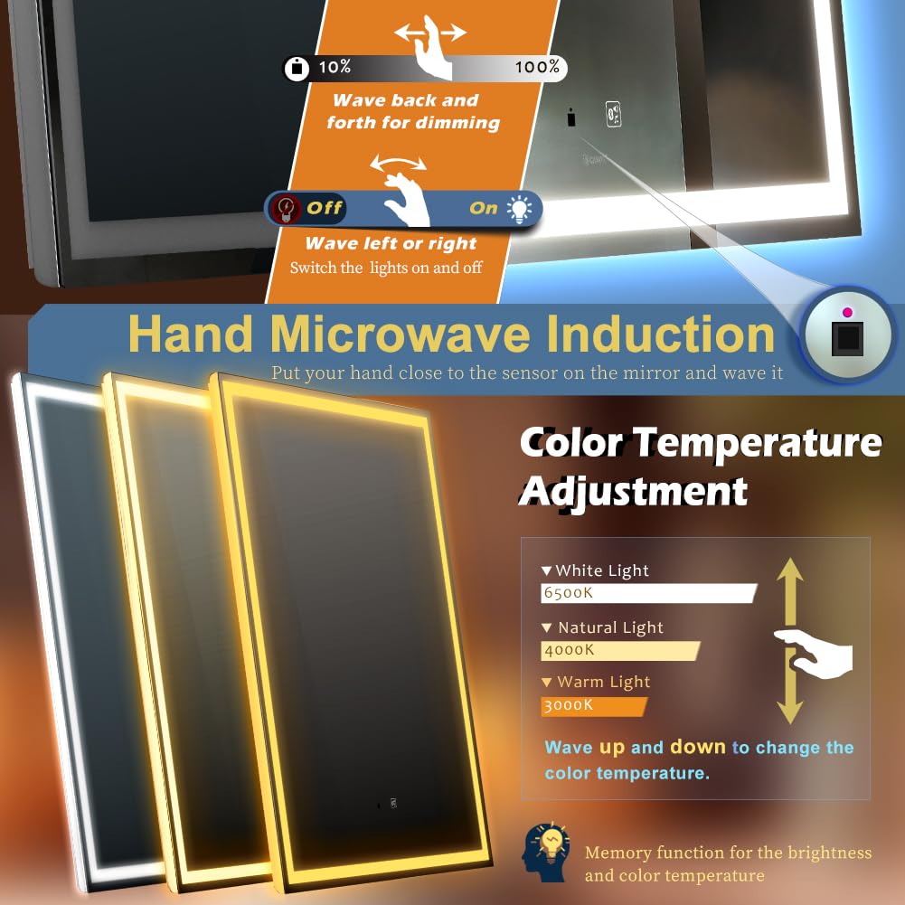 GANPE 32 x 40 Inch Smart LED Bathroom Mirror with Bluetooth Speaker - Wave Sensor, Dimmable Anti-Fog, IP44 Waterproof - Perfect for Modern Bathrooms, Vanities & Home Decor