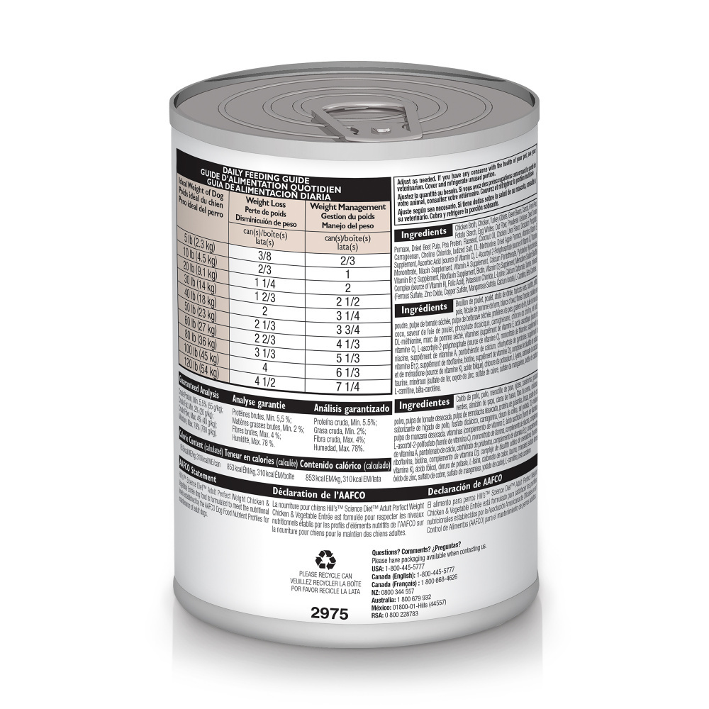 Hill's Science Diet Adult Perfect Weight Chicken & Vegetable Entree Canned Dog Food - Healthy Weight Management for Dogs - Perfect for Indoor & Overweight Dogs