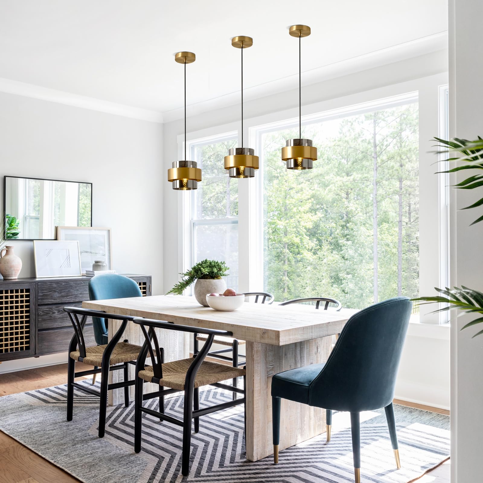 Gold Glass Pendant Light with Smoke Gray Shade - Mid Century Modern Kitchen Island Lighting for Dining Room, Bedroom, Living Room & Hallway | Perfect for Farmhouse, Industrial & Contemporary Decor