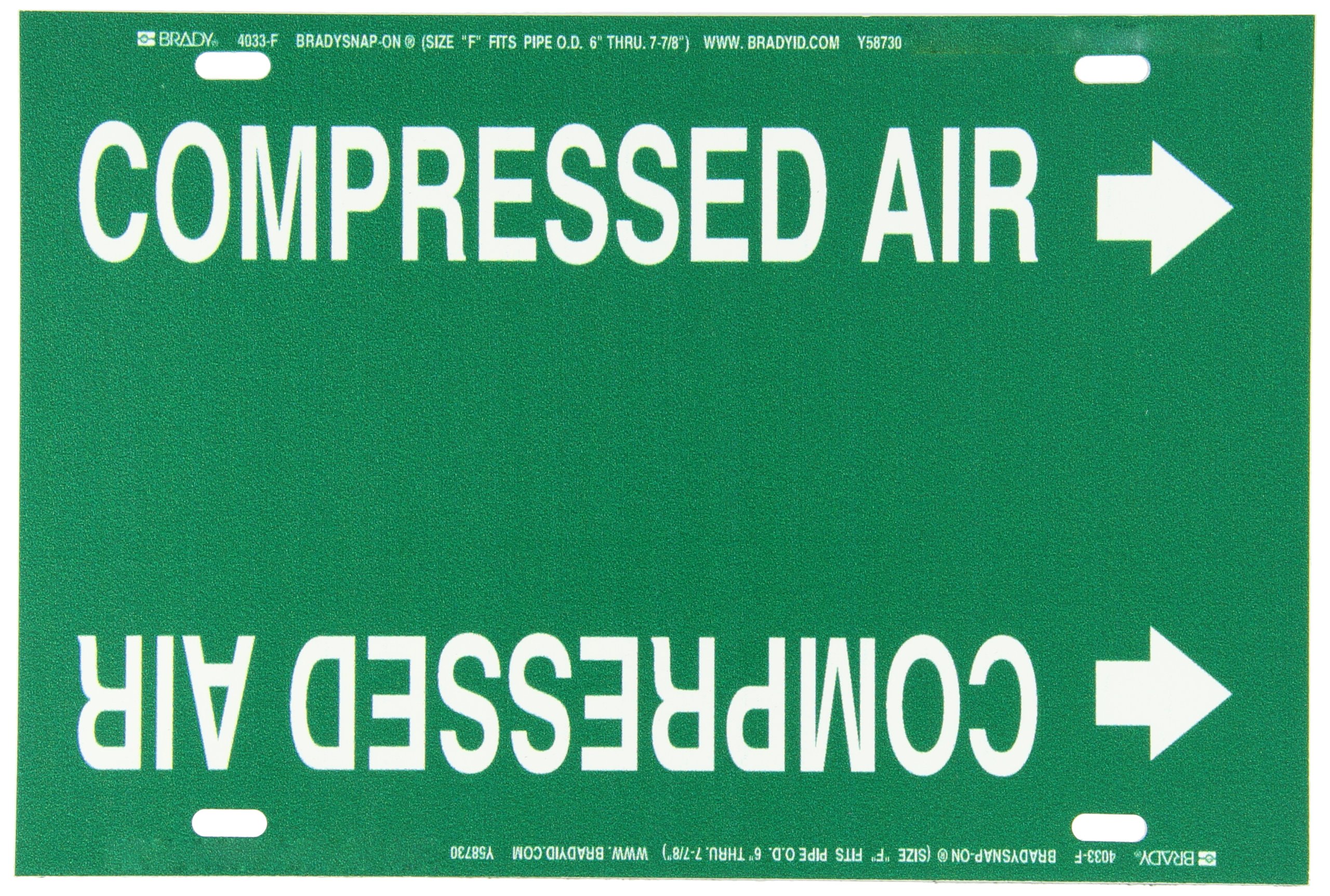 Brady 4033-F B-915 Strap-On Pipe Marker - White on Green Printed Plastic Sheet with 'Compressed Air' Legend | Industrial Pipe Labeling for Safety & Identification