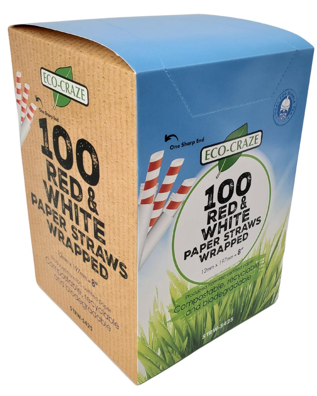 Eco-Friendly 8-Pack Red & White Paper Straws for Bubble Tea - 12mm Sharp End Wrapped - Perfect for Parties, Cafes & Eco-Conscious Drinks
