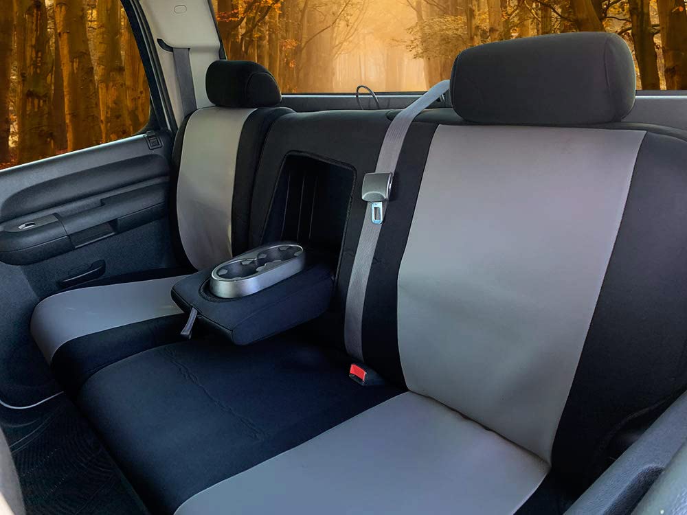 **Custom Fit 2014-2018 Chevy Silverado Neoprene SUV Rear Seat Covers – Gray & Black 60/40 Split with Armrest – Durable & Water-Resistant for Trucks & SUVs – Perfect for Pets, Travel & Outdoor Adventures**