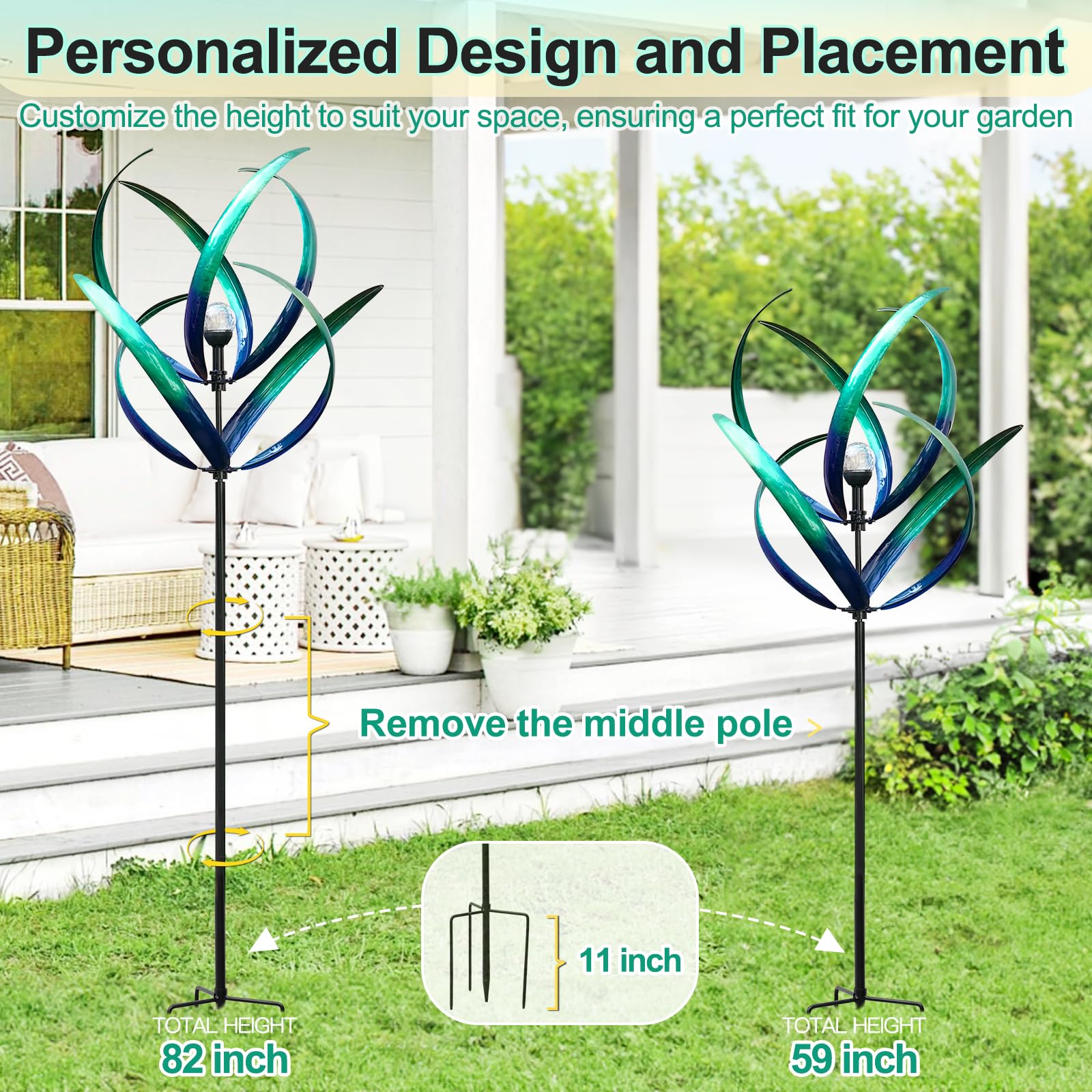82'' Solar-Powered Metal Wind Spinner - Peacock Blue Outdoor Yard Art for Garden, Lawn & Patio Decor | Weather-Resistant Wind Sculpture with LED Lights | Unique Gift for Family & Friends | Perfect for Backyard, Front Yard & Outdoor Parties