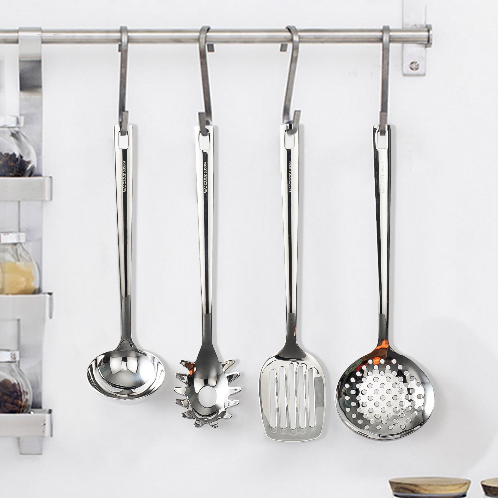 Premium Stainless Steel Cooking Utensils Set - 6-Piece Kitchen Tool Collection with Soup Ladle, Spaghetti Server, Slotted Turner & Skimmer - Mirror Polished & Dishwasher Safe - Ideal for Wok Cooking, Stir-Frying & Serving Pasta