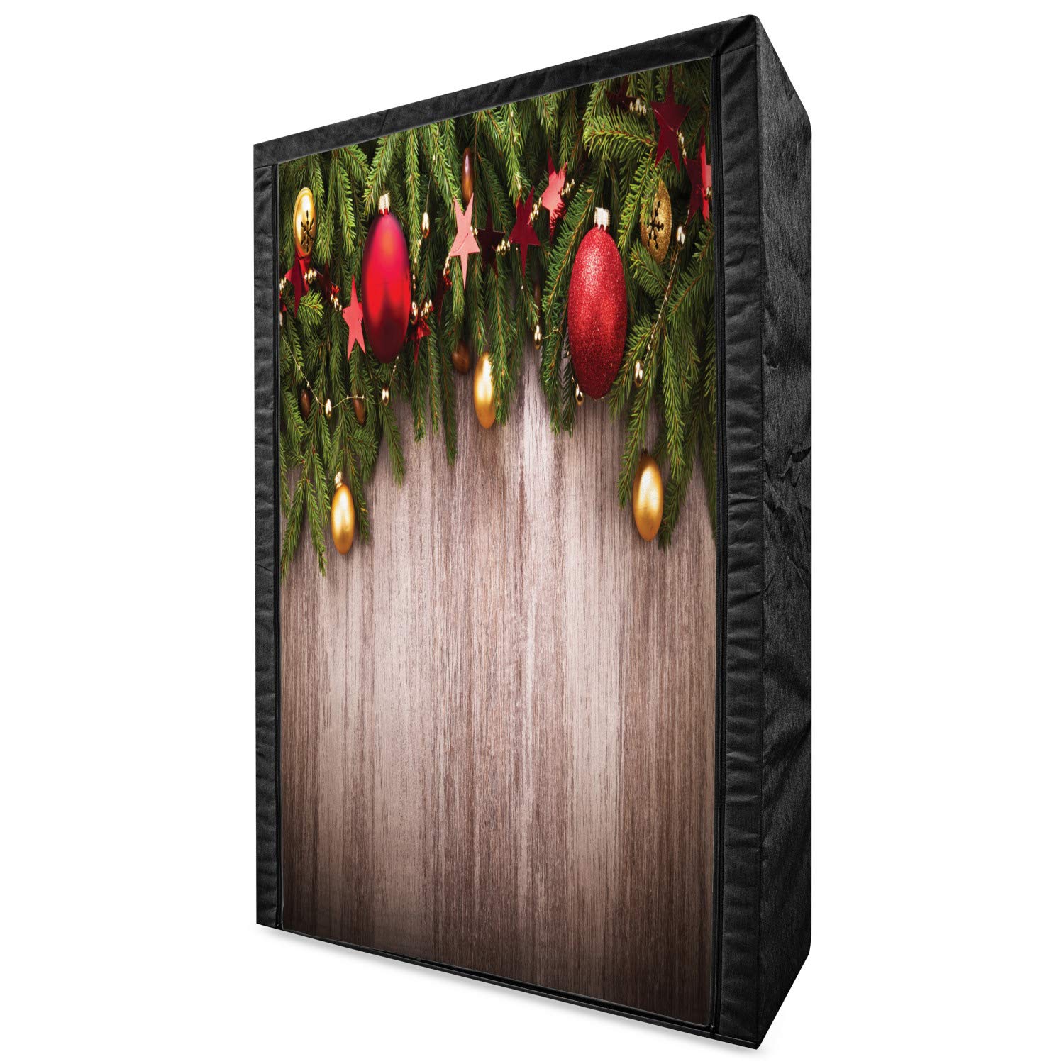 Ambesonne Christmas Portable Fabric Wardrobe Closet with Shelves - 42.5 Inch Holiday Clothing Organizer & Storage, Xmas Ornaments Print on Wooden Rustic Board Backdrop - Brown Green Red for Bedroom, Closet, Dorm, RV & Seasonal Decor