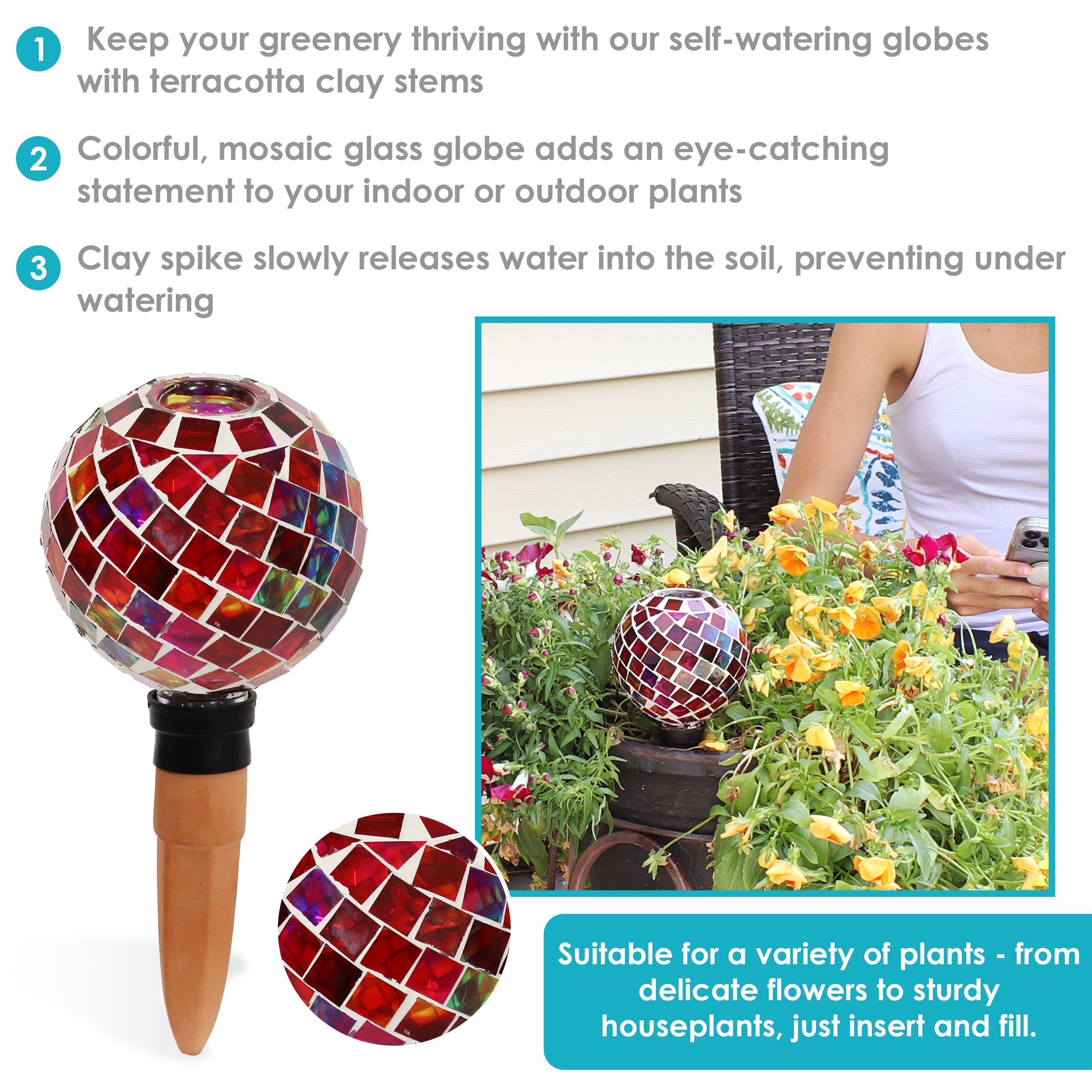 Sunnydaze Decorative Mosaic Glass Plant Watering Globe with Clay Spike - Self-Watering System for Indoor & Outdoor Potted Plants, Flowers, Herbs - Perfect for Vacation Care & Home Garden Decor