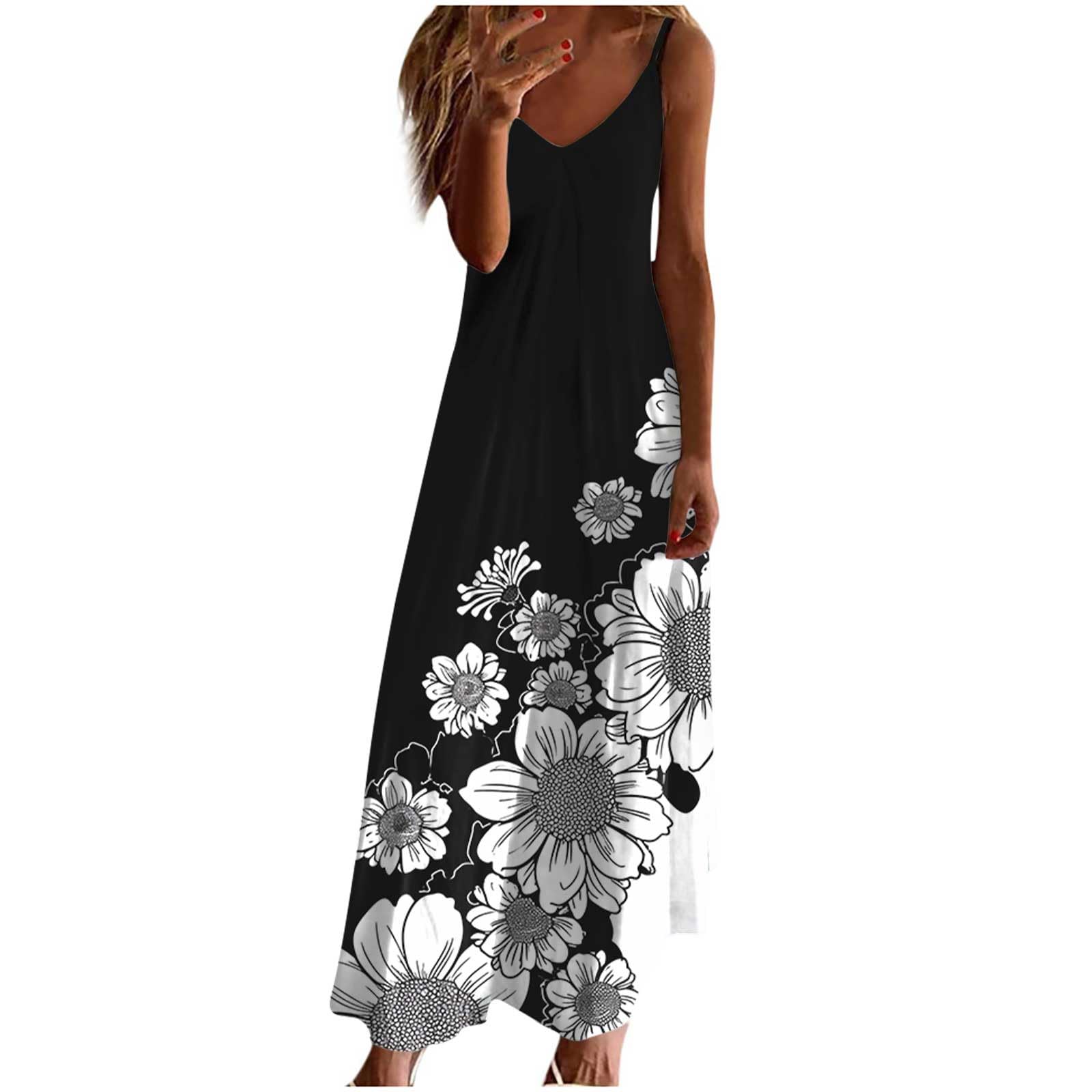 Women's Lightweight Floral Maxi Dress - Sleeveless V-Neck Boho Summer Dress with Ruffle Detail | Perfect for Beach Vacations, Casual Outings & Music Festivals