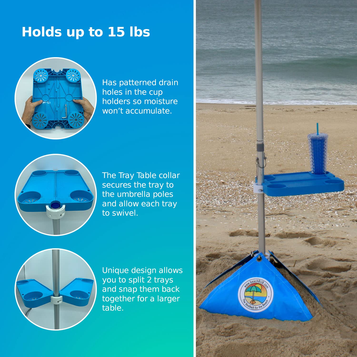 Portable Beach Umbrella Tray Table with 4 Cup Holders - Clip-On Outdoor Side Table for Pool, Patio & Vacation - Perfect for Drinks, Snacks & Sun Protection by the Water