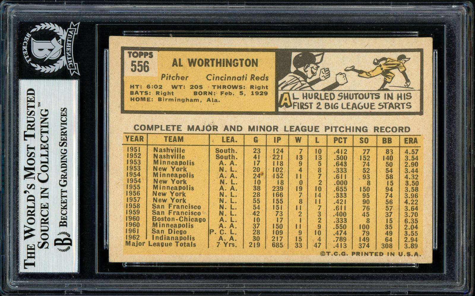 Al Worthington Autographed 1963 Topps #556 Cincinnati Reds Baseball Card - Beckett BAS #11482004 - Perfect for Collectors, Sports Memorabilia Displays & Vintage Baseball Fans